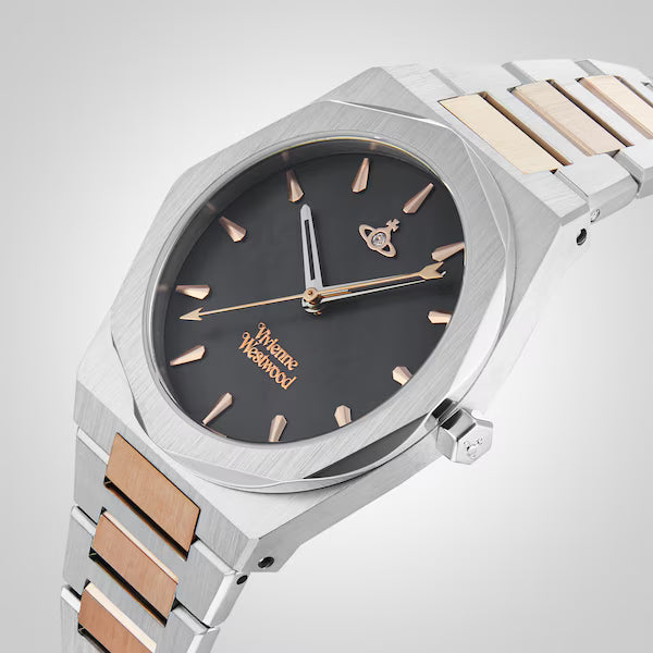 Vivienne Westwood Limehouse watch dial detail with black face, rose-gold indices, and logo