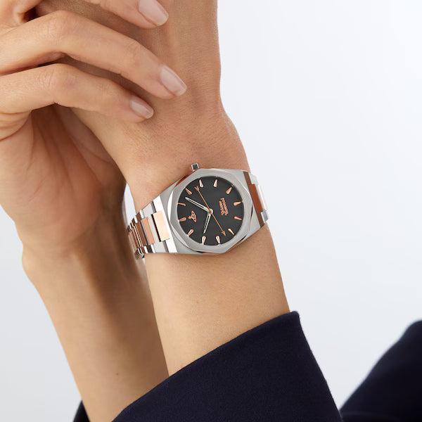 Vivienne Westwood Limehouse watch worn on wrist showing dial with rose-gold indices