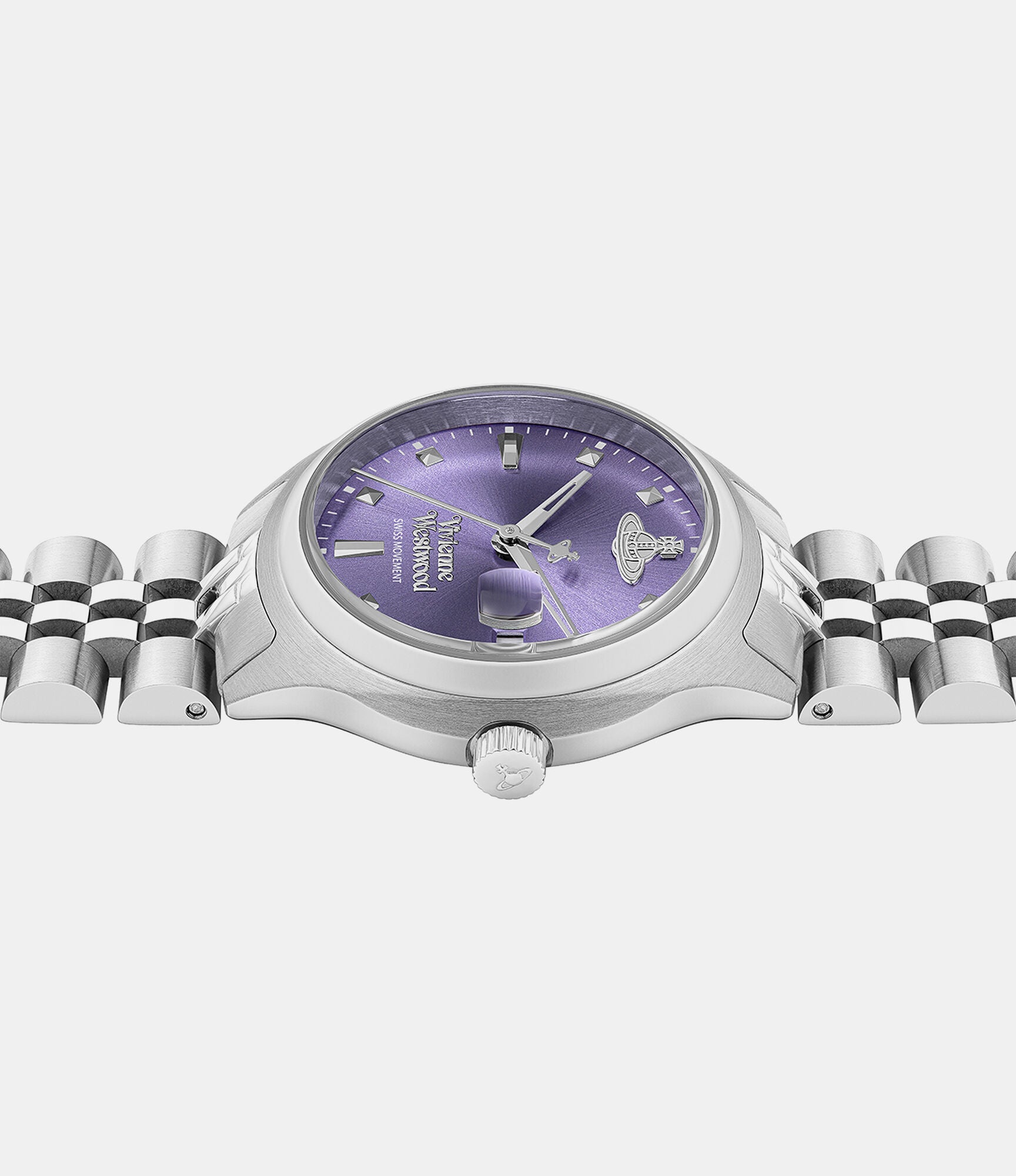 Side view of Vivienne Westwood Little Camberwell watch showing case profile and bracelet