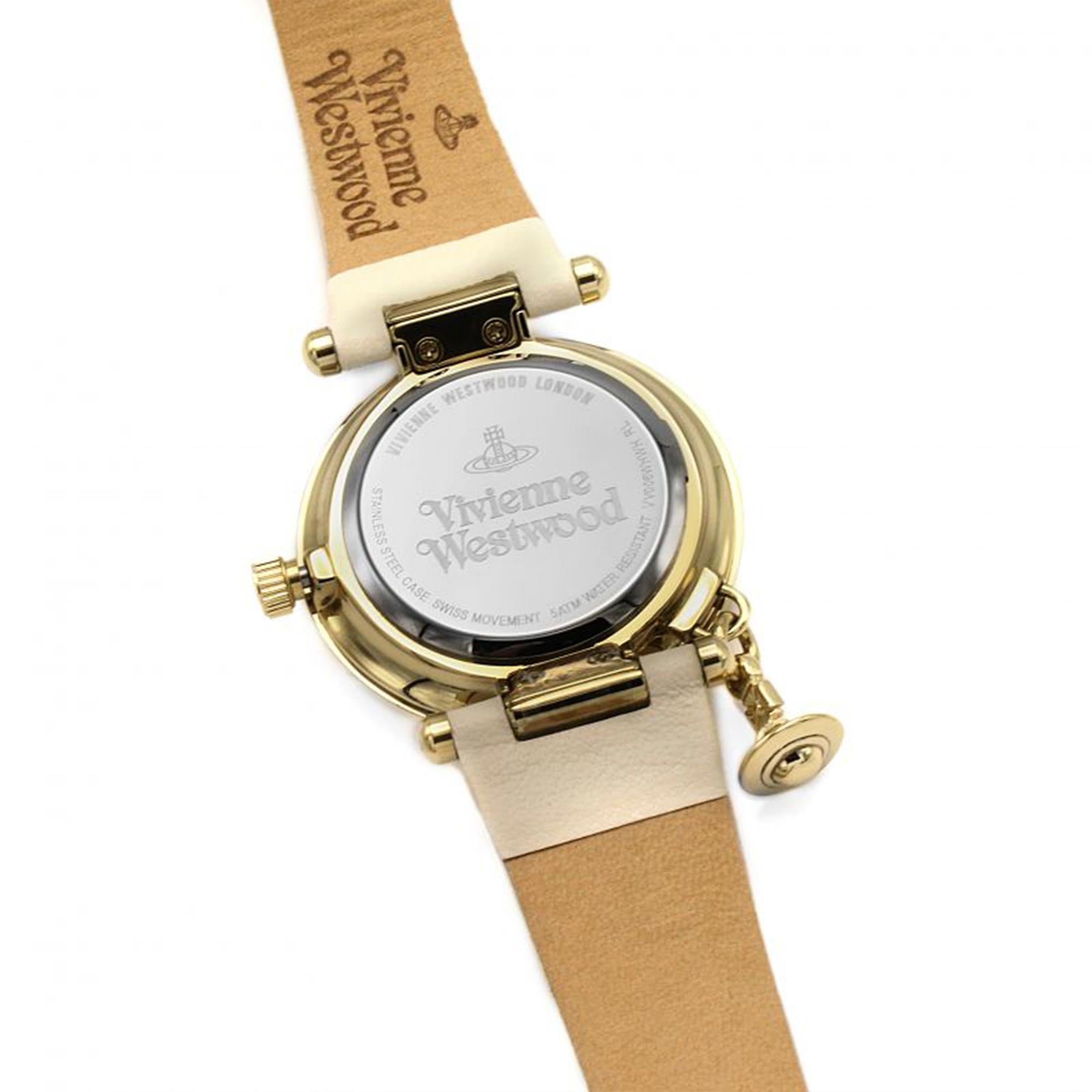 Vivienne Westwood Orb II caseback with engraved branding and logo on gold plate