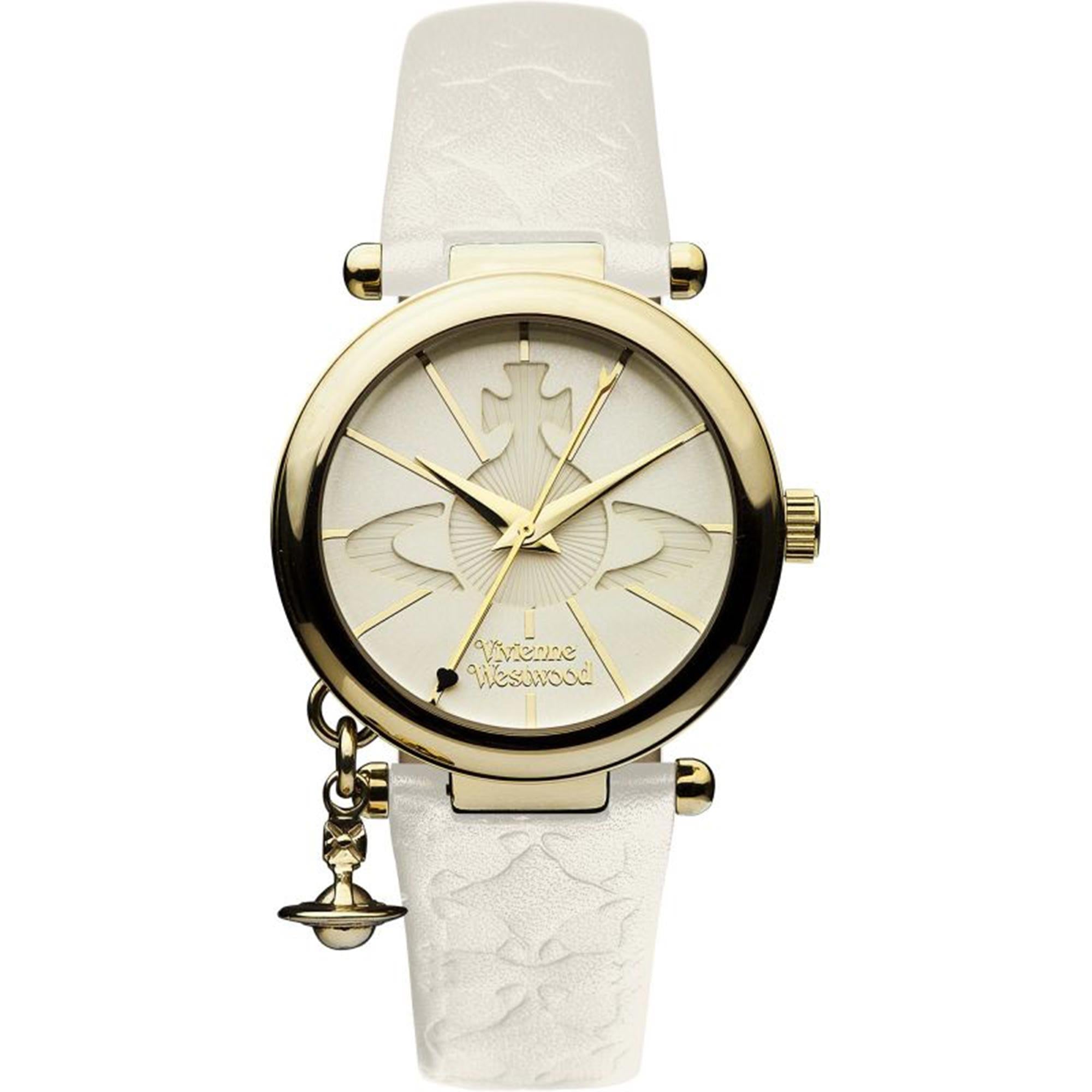 Vivienne Westwood Orb II quartz ladies watch with white leather strap and gold plating
