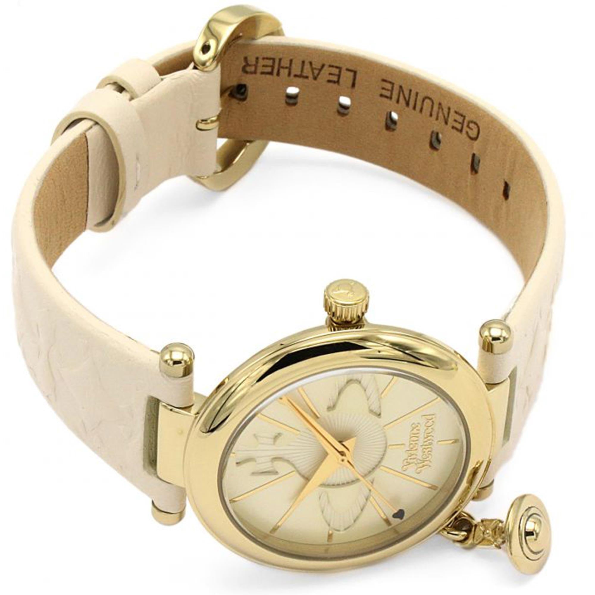 Vivienne Westwood Orb II watch side view showing white leather strap and case profile