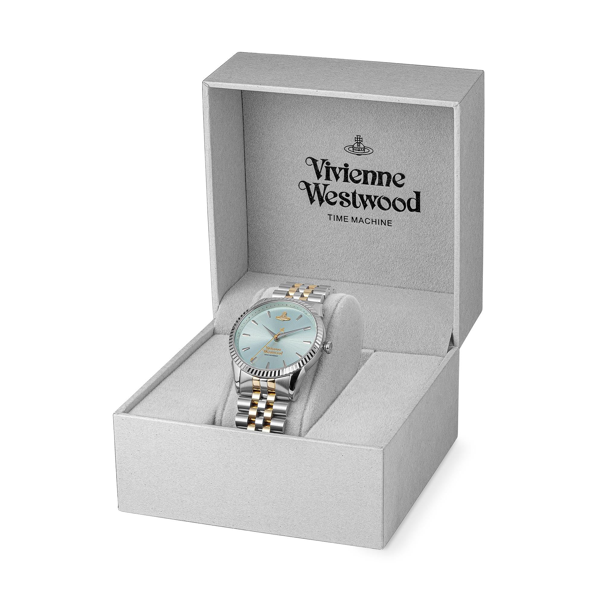 Vivienne Westwood Orb Pop watch in branded gray presentation box with Orb logo
