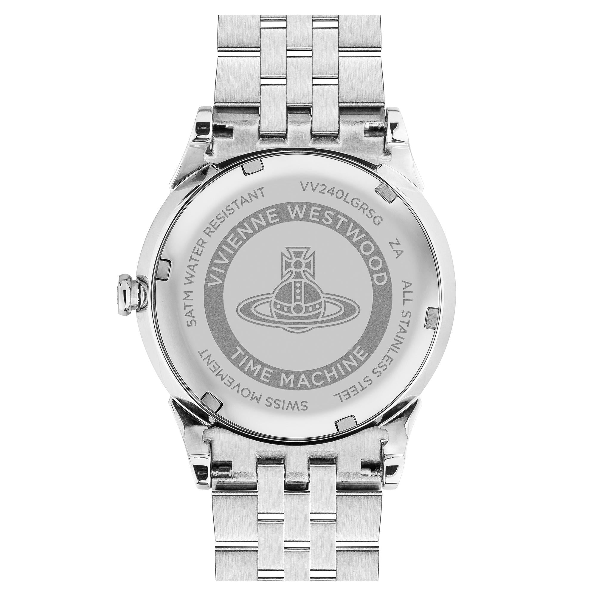 Vivienne Westwood Orb Pop caseback showing model number VV240LGRSG and Swiss movement details