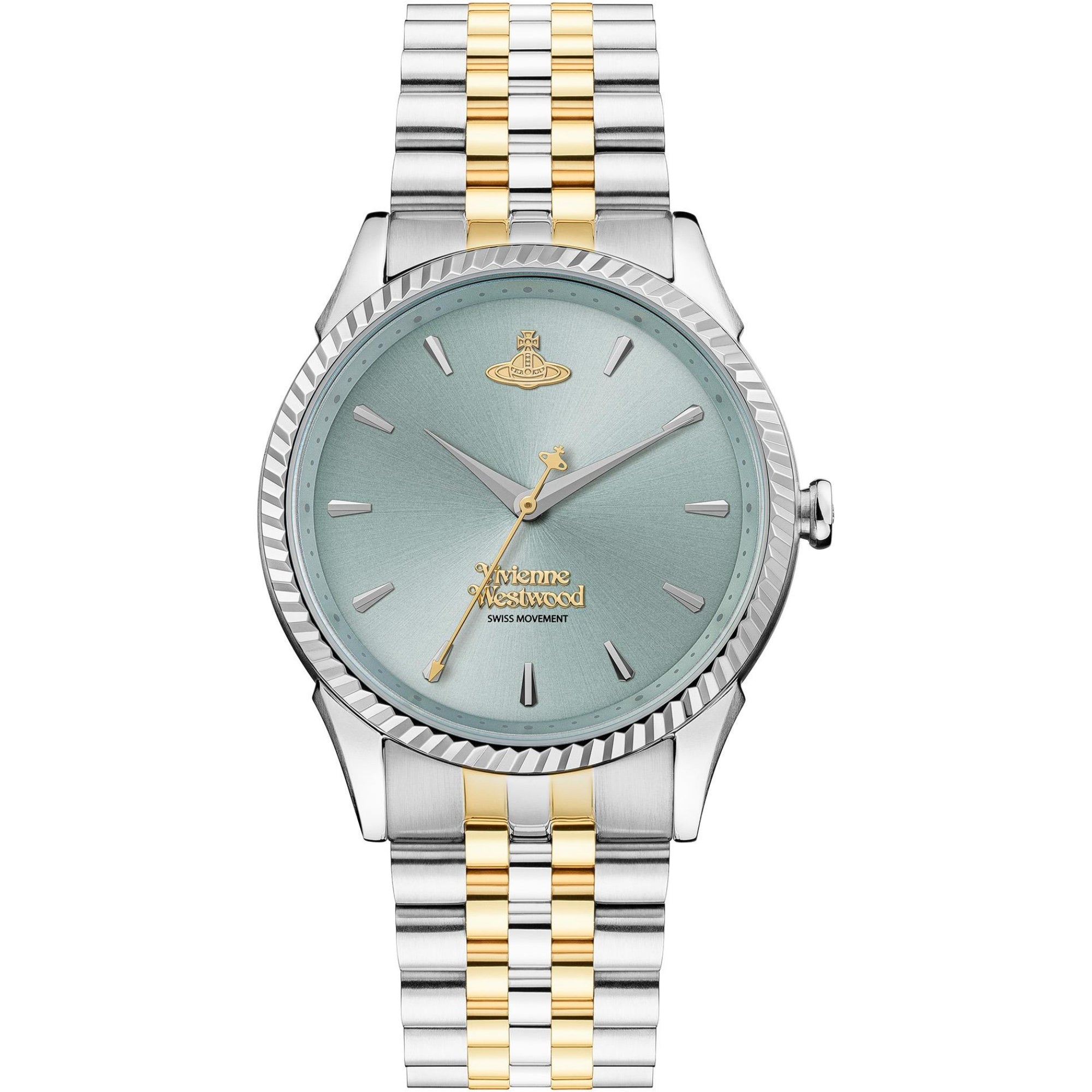 Vivienne Westwood Orb Pop women's watch with pale green dial, gold Orb logo, mixed silver and gold bracelet