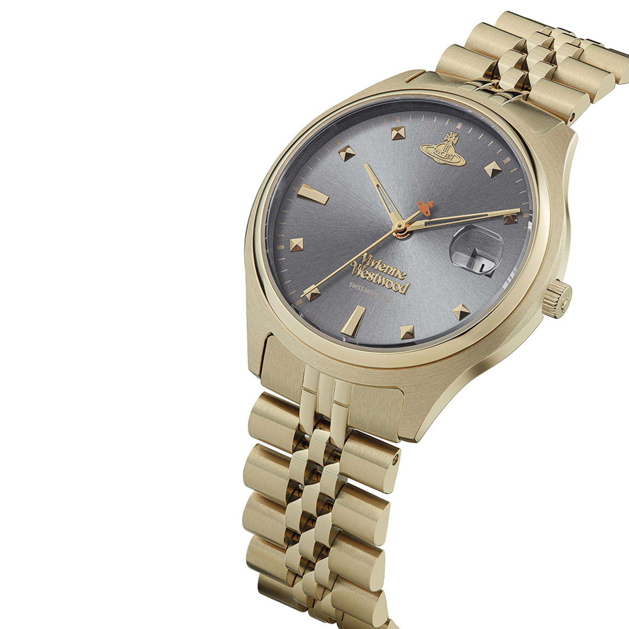 Angled view of Vivienne Westwood Orb Pop watch showing grey sunburst dial, gold bracelet, and three-hand movement