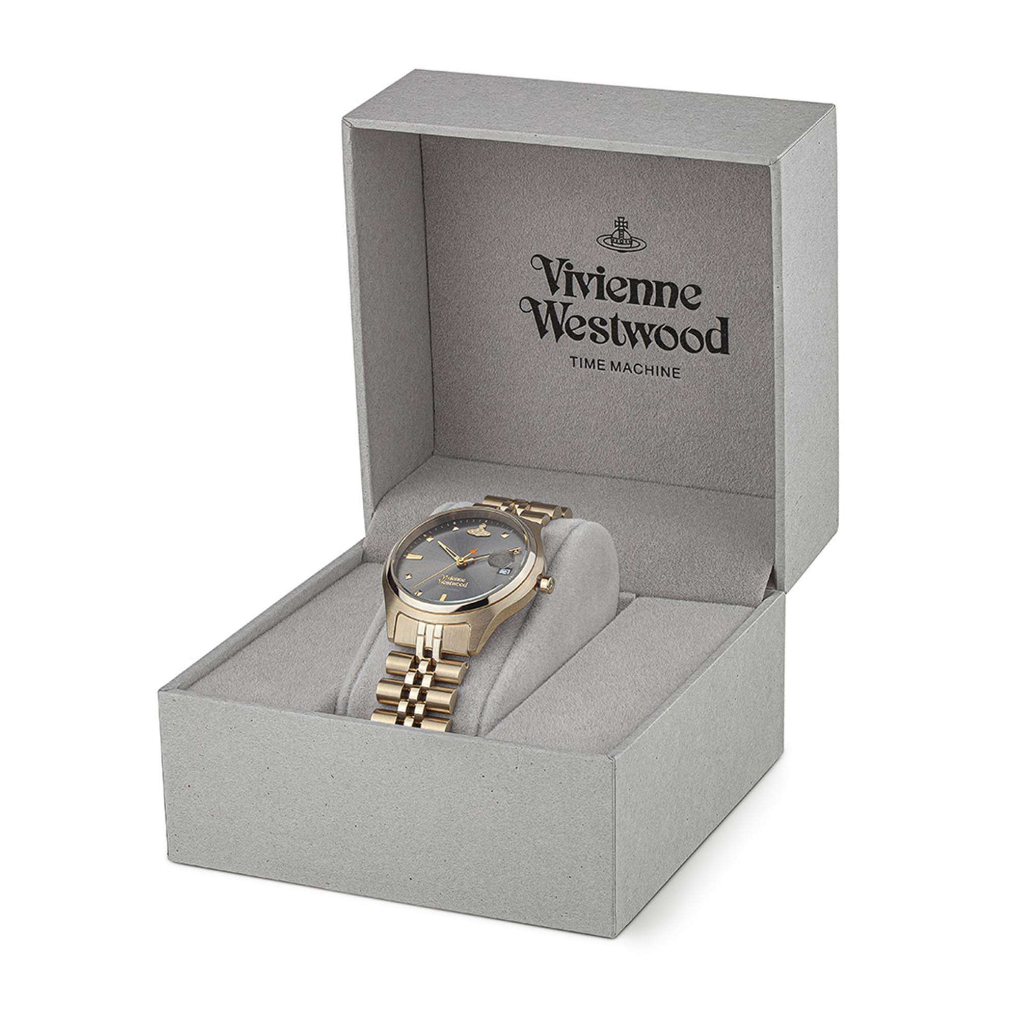 Vivienne Westwood Time Machine watch gift box in grey with Vivienne Westwood branding and orb logo