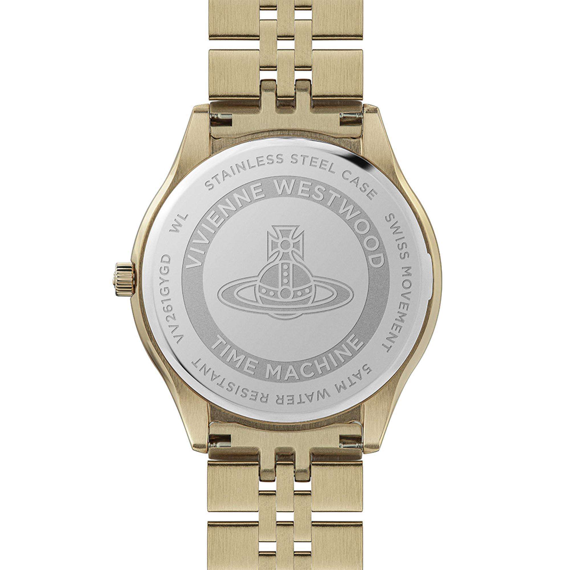 Vivienne Westwood Orb Pop caseback engraved with orb logo, brand name, and Time Machine text on stainless steel