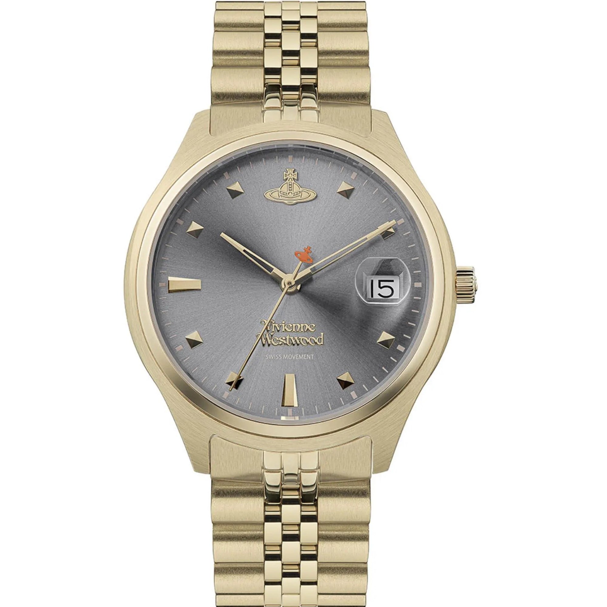 Vivienne Westwood Orb Pop women's watch with grey dial, gold-tone case and bracelet, date window at 3 o'clock, and orb logo