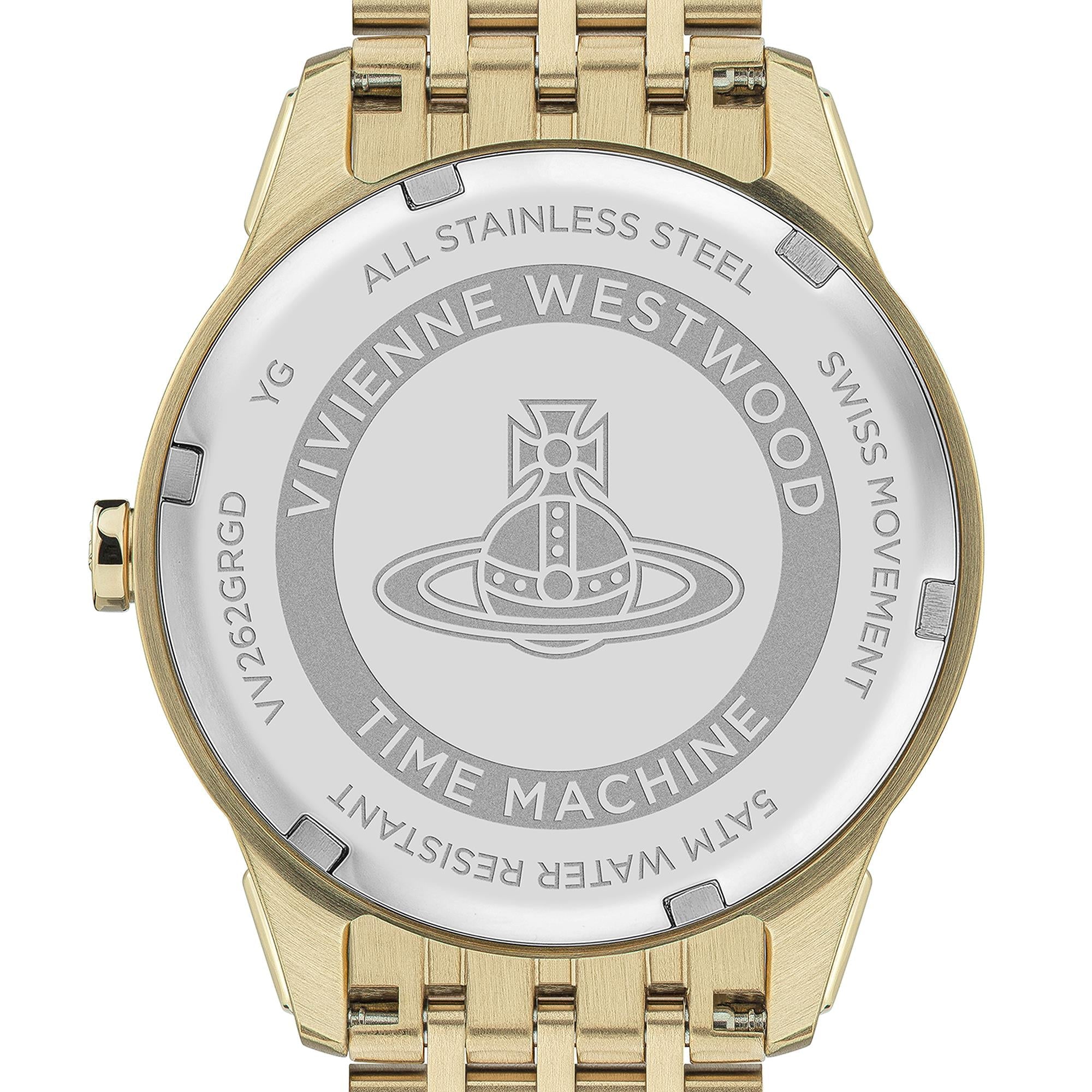 Stainless steel caseback engraved with Vivienne Westwood Orb logo and model number VV262GRD