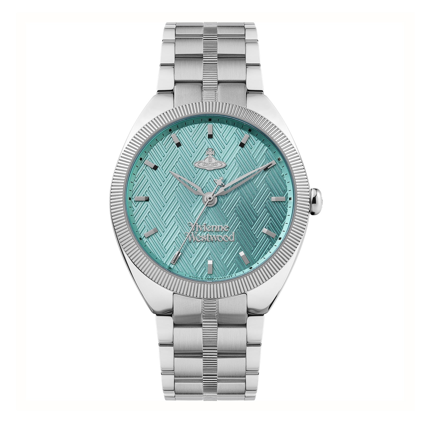 Vivienne Westwood Orb Pop watch with turquoise dial and stainless steel bracelet, front view