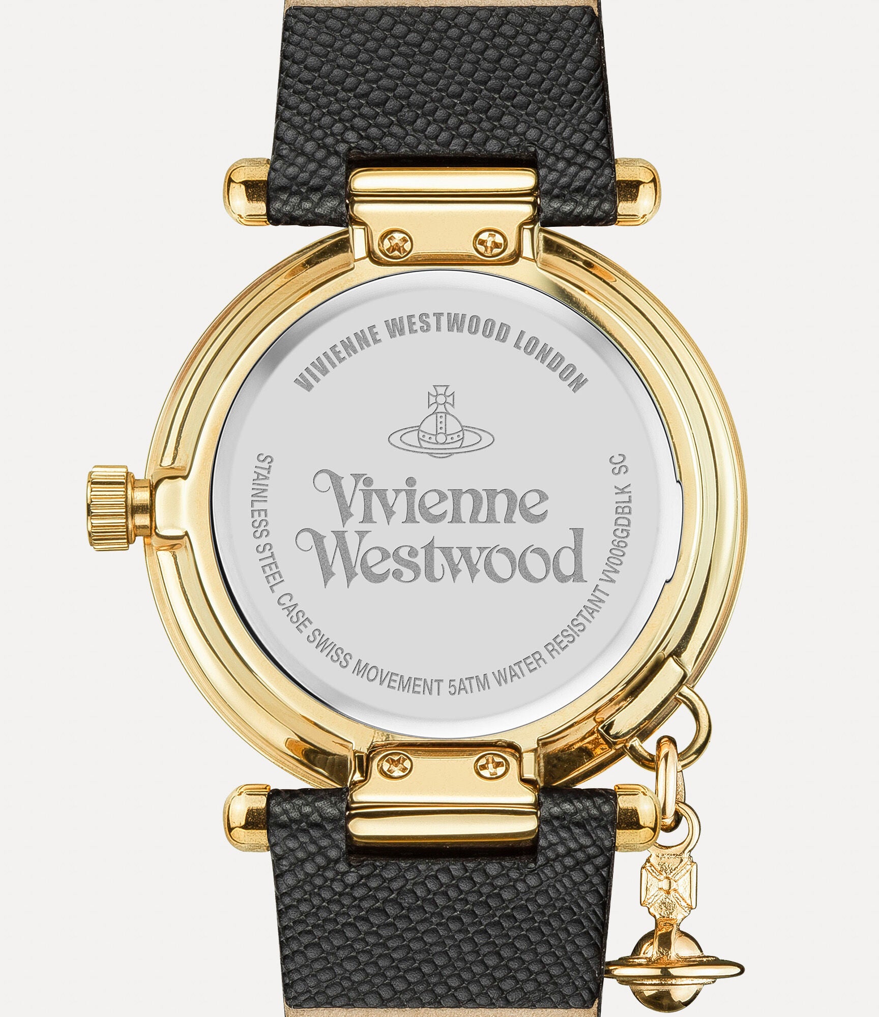 Vivienne Westwood Orb watch caseback with engraved branding and gold-plated case