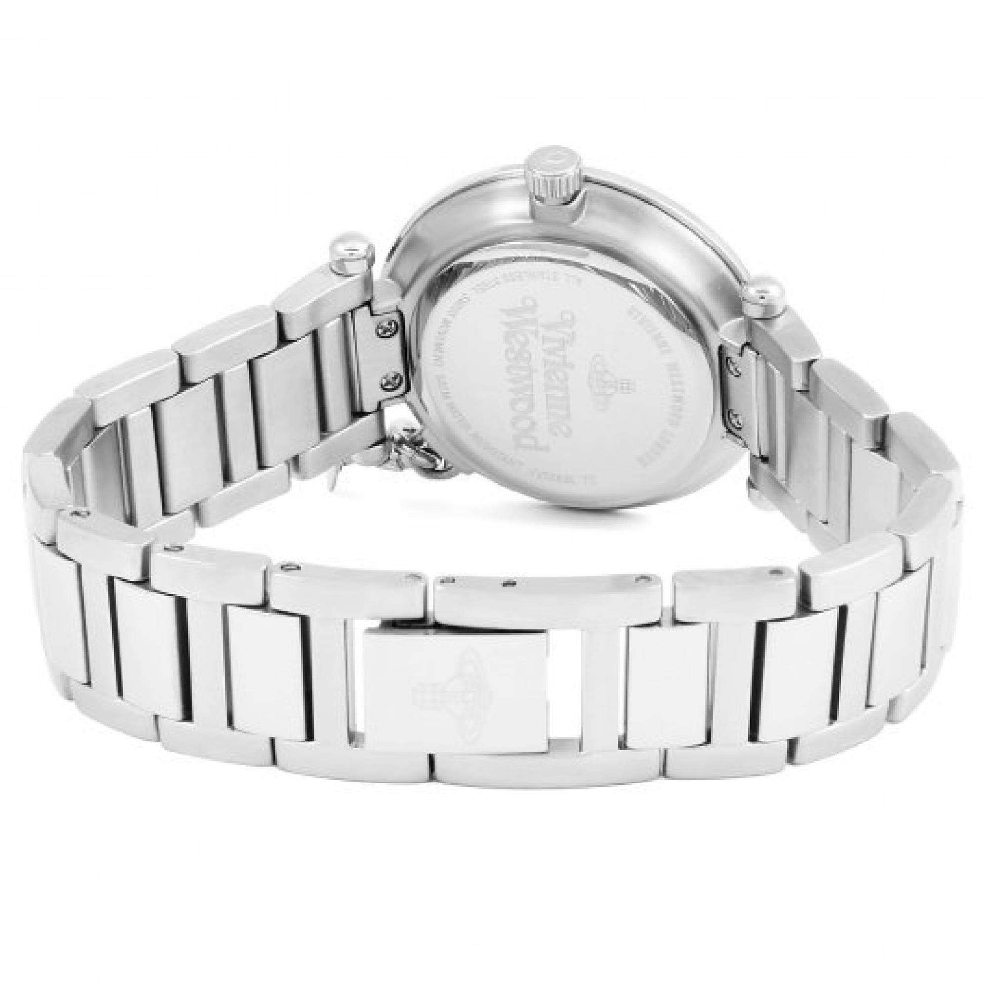 Case back of Vivienne Westwood Orb watch showing stainless steel bracelet and clasp