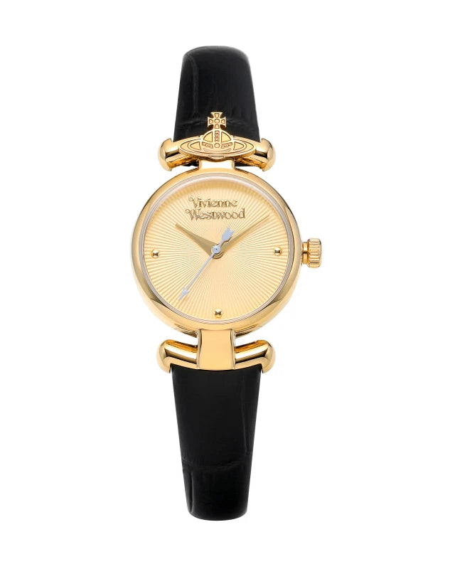 Vivienne Westwood Primrose gold-plated watch with black leather strap and orb crown
