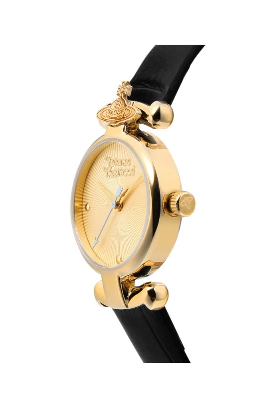 Side view of Vivienne Westwood Primrose watch showing gold-plated case and black leather strap