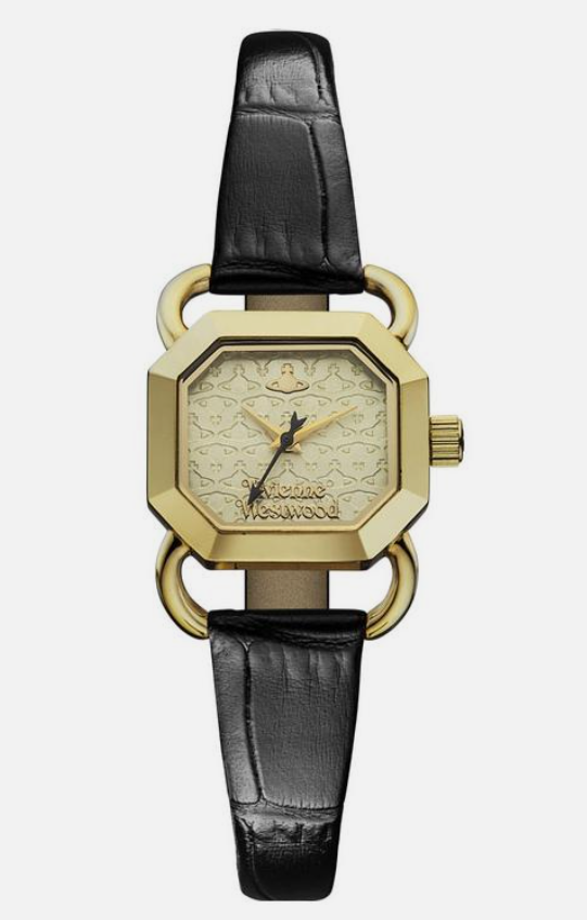 Vivienne Westwood Ravenscourt women's watch with gold-tone case, cream dial, and black leather strap