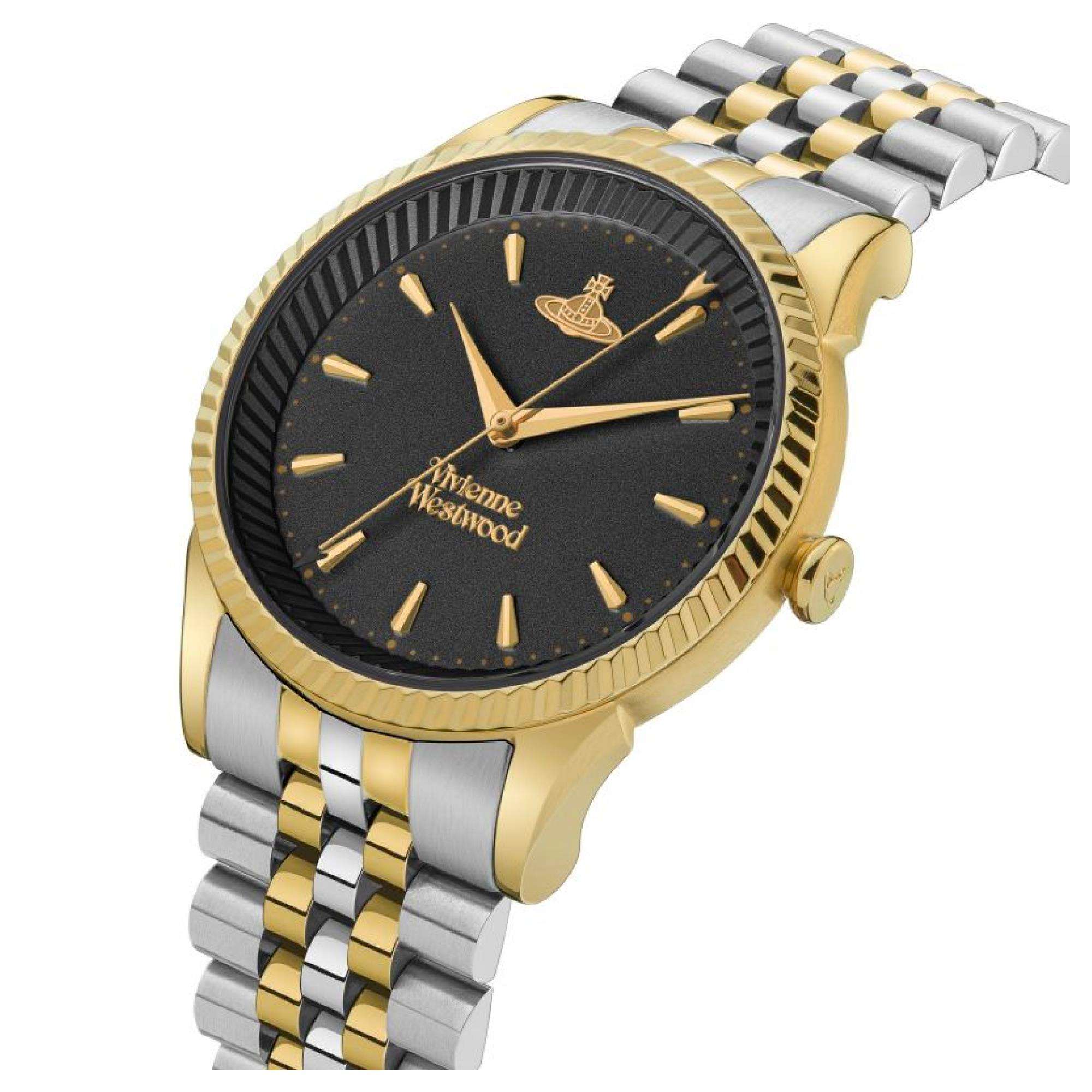 Three-quarter view of Seymour watch showing two-tone stainless steel bracelet and black dial