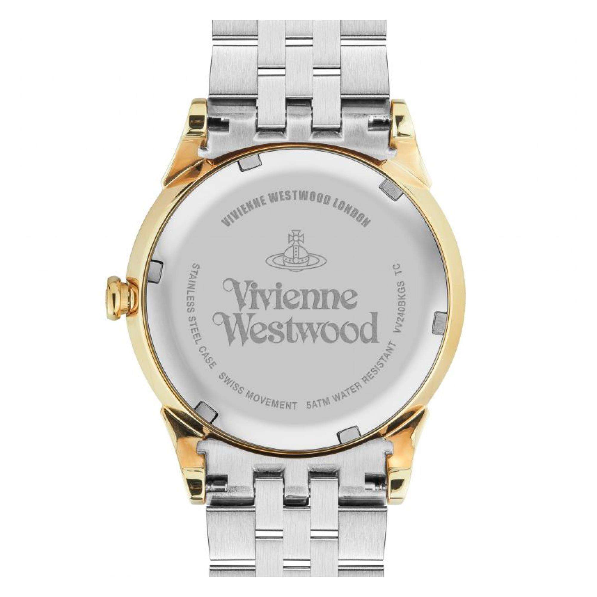 Vivienne Westwood Seymour caseback with engraved logo, branding and water resistance information