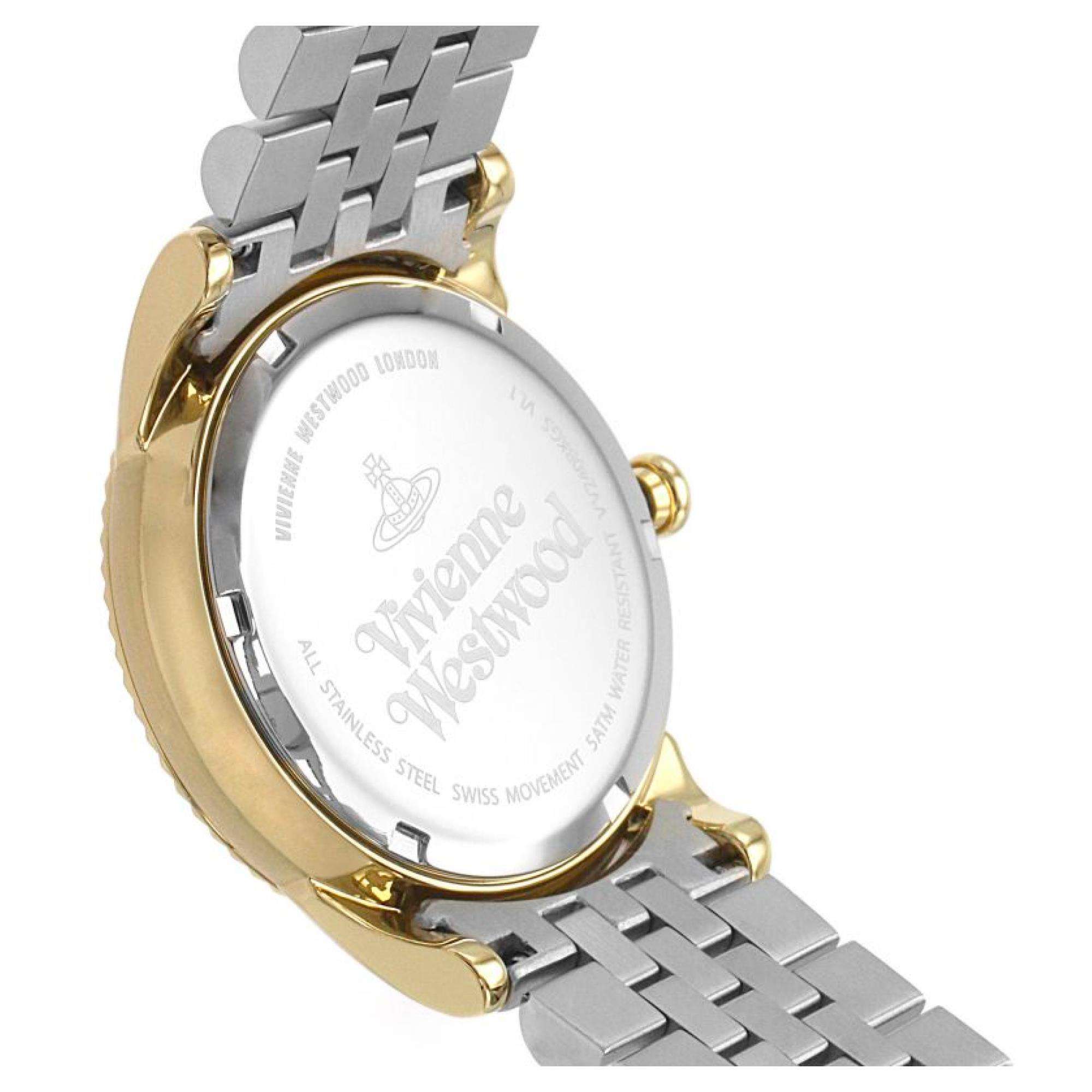 Caseback of Vivienne Westwood Seymour watch showing engraved branding and specifications