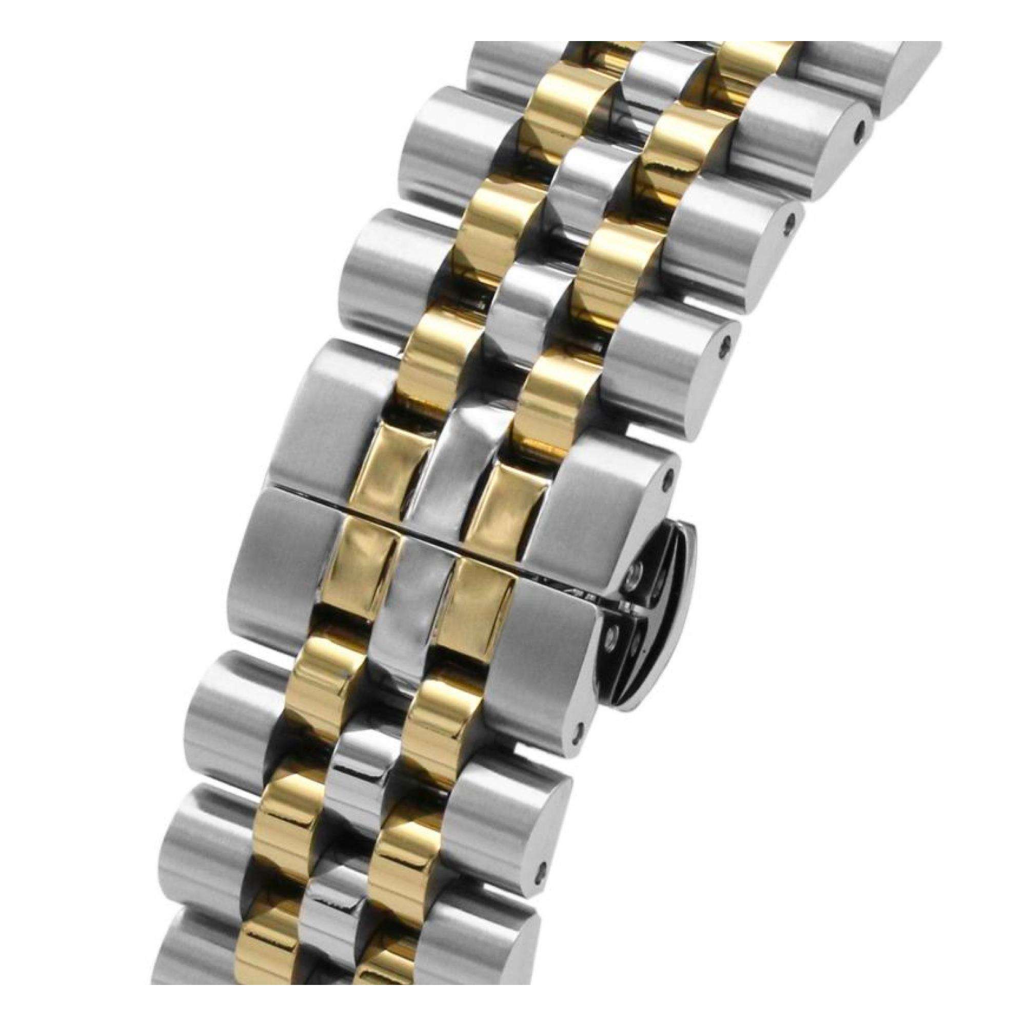 Close-up of two-tone stainless steel bracelet with alternating silver and gold links