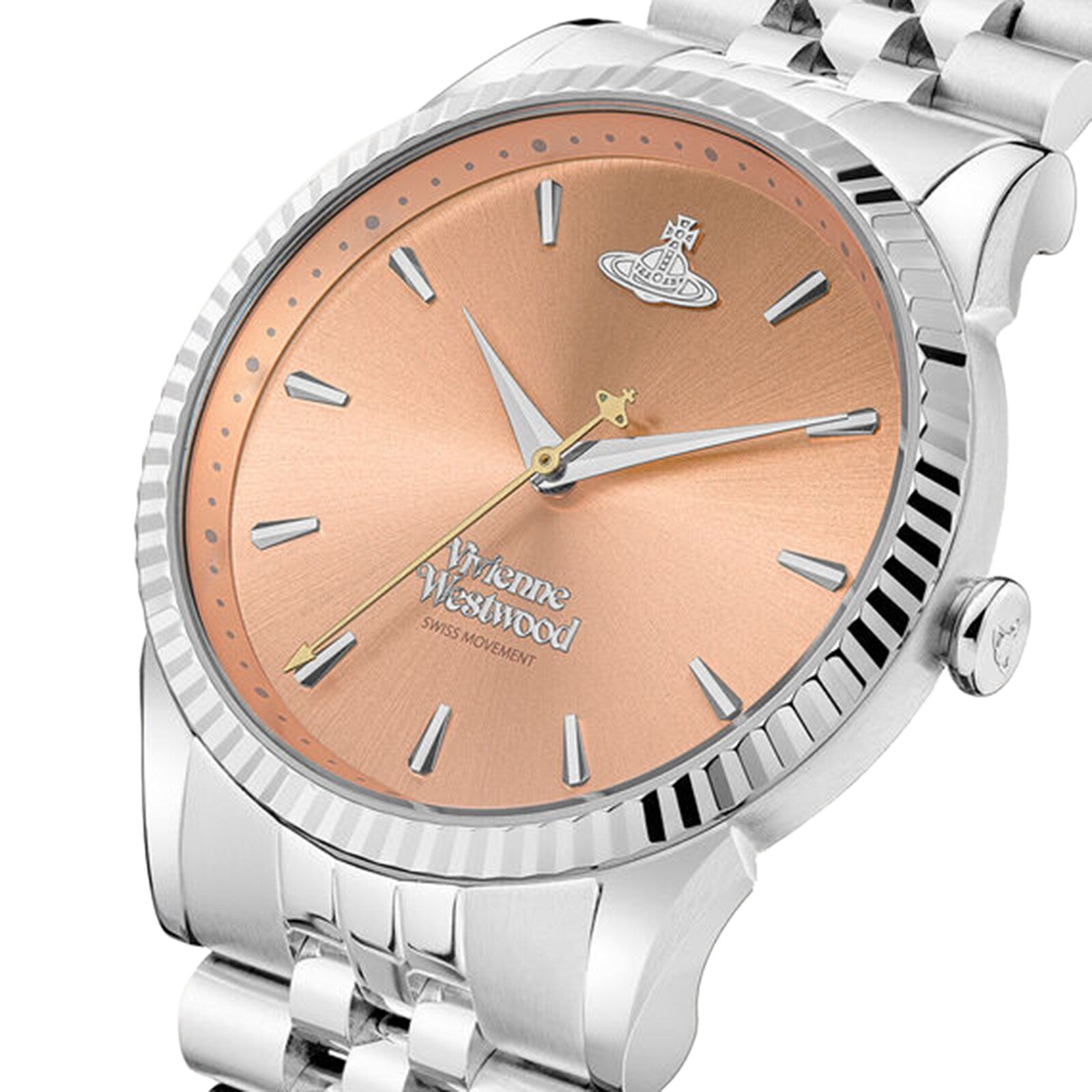 Side angle view of Seymour watch showing silver bracelet and pink dial with hour markers