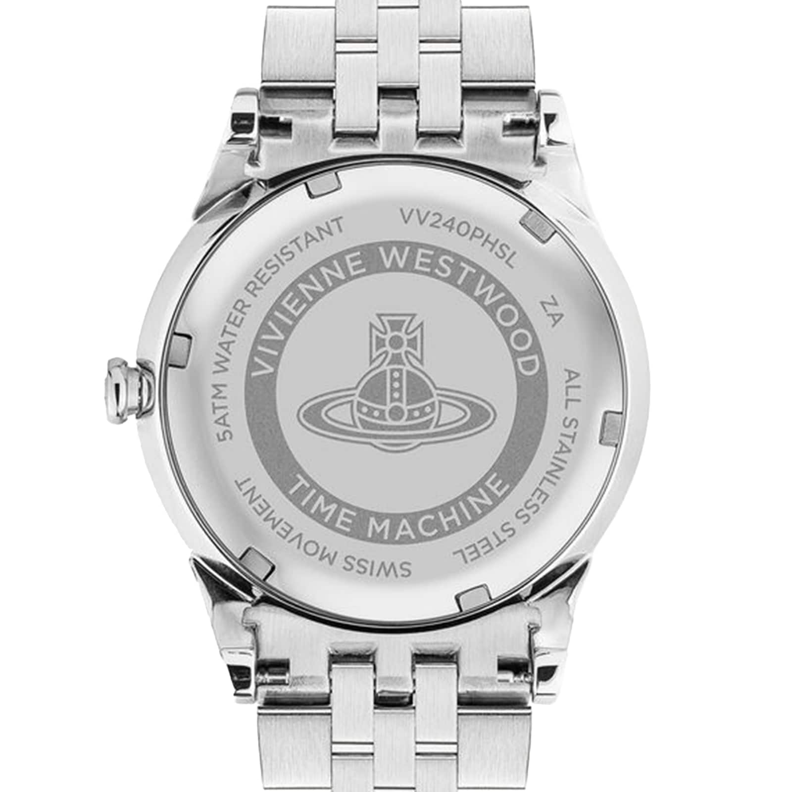 Caseback engraved with Vivienne Westwood branding and satiny water resistant details
