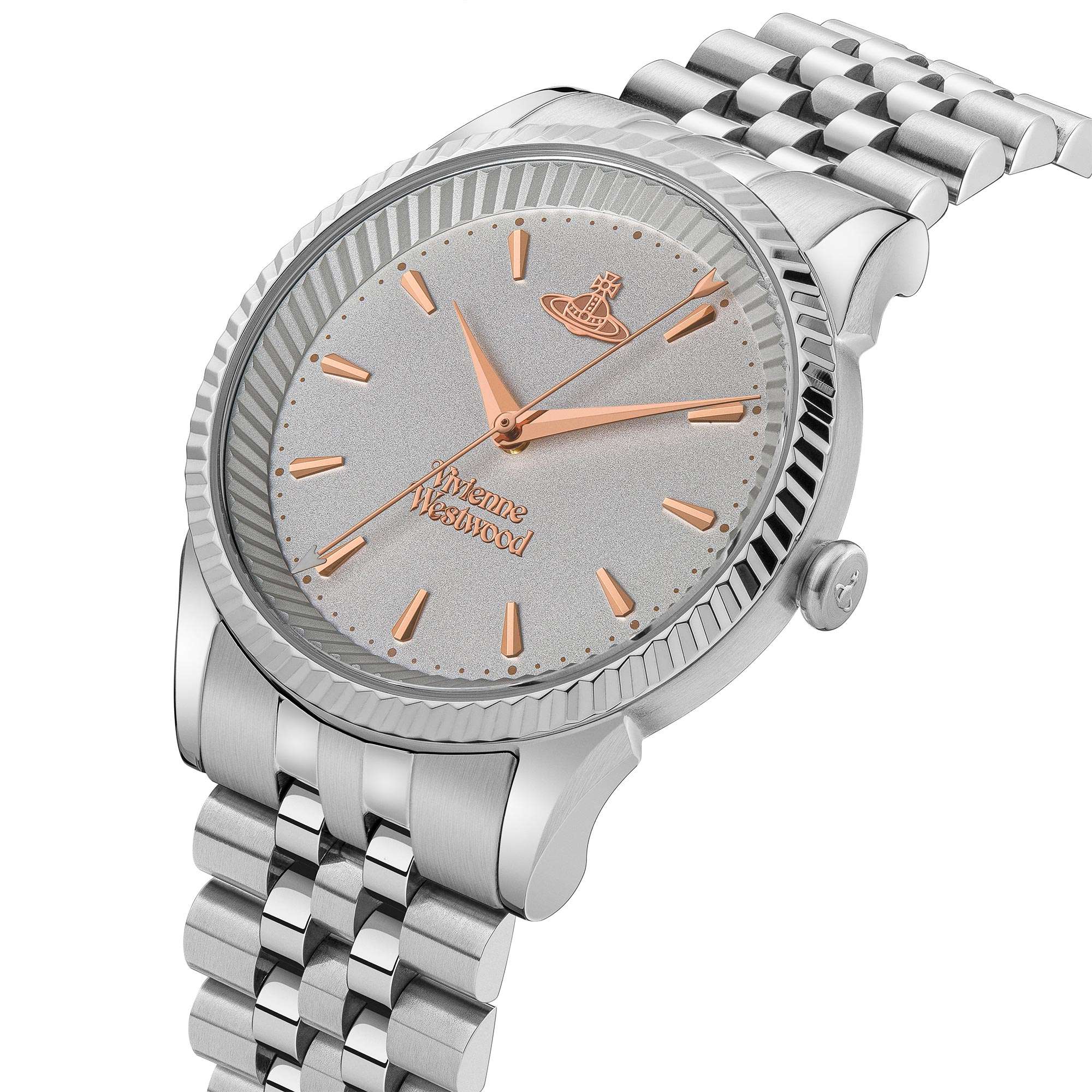 Vivienne Westwood Seymour watch at angle showing silver steel bracelet and fluted bezel