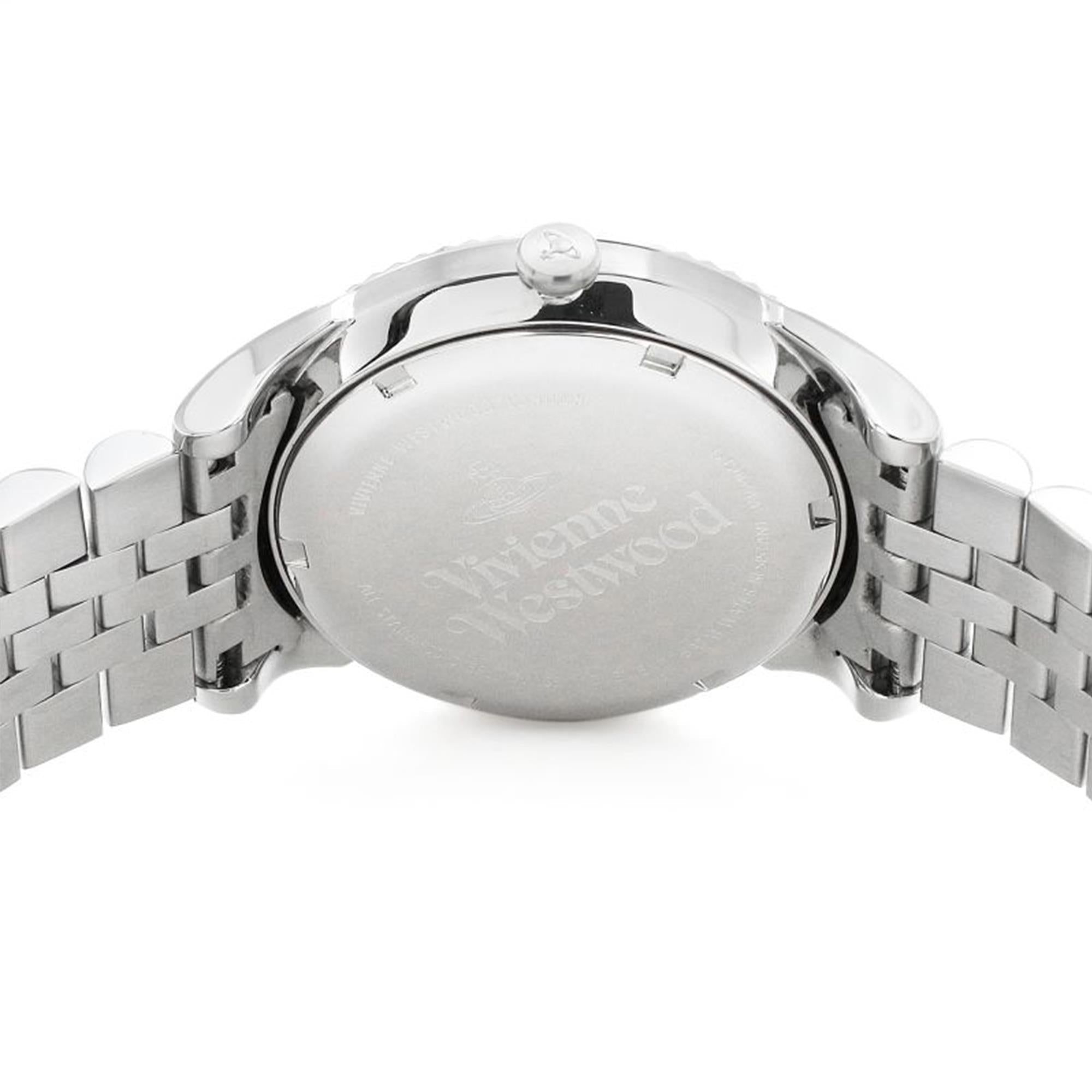 Vivienne Westwood Seymour caseback showing engraved text and steel case back detail