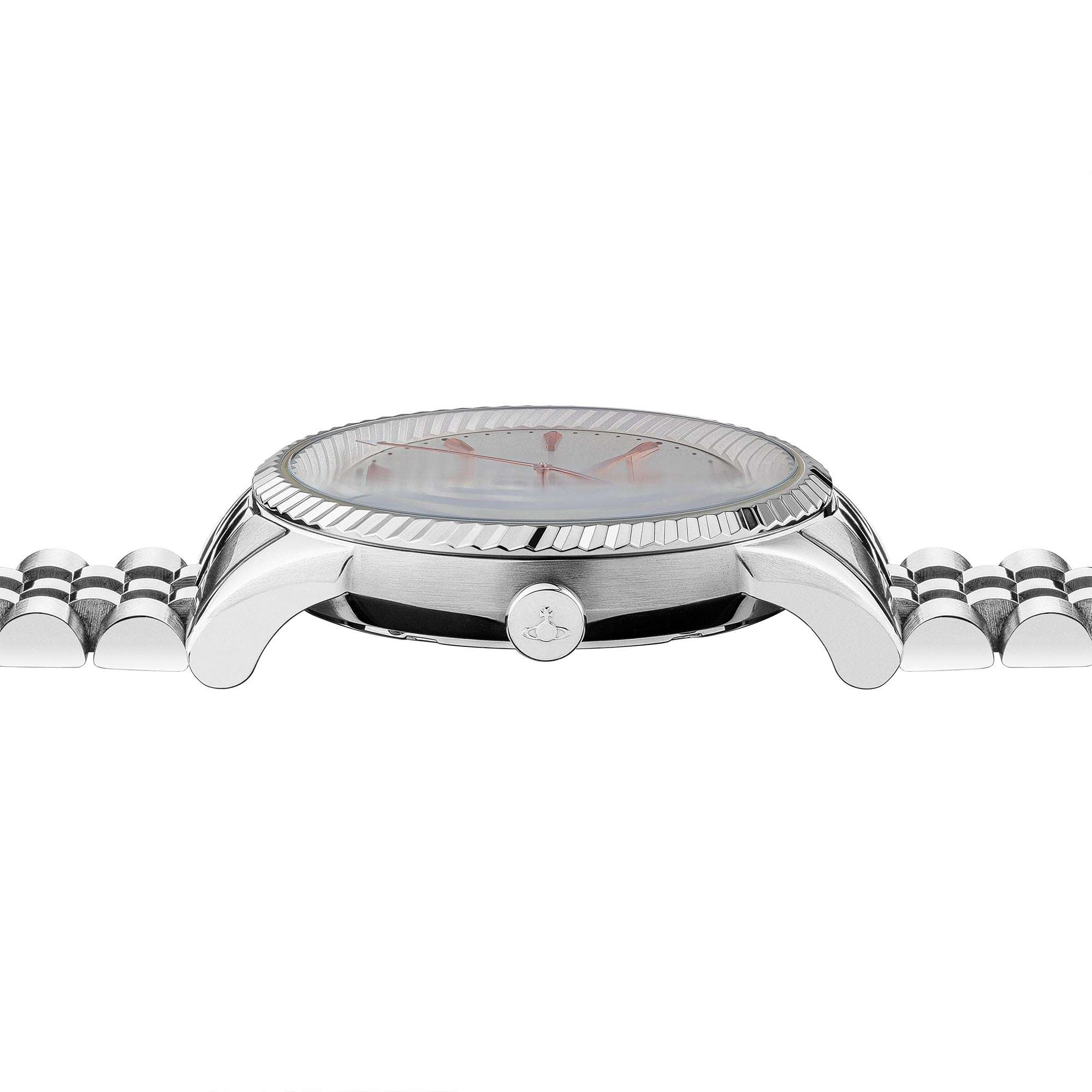 Side profile of Vivienne Westwood Seymour watch showing case depth and lugs