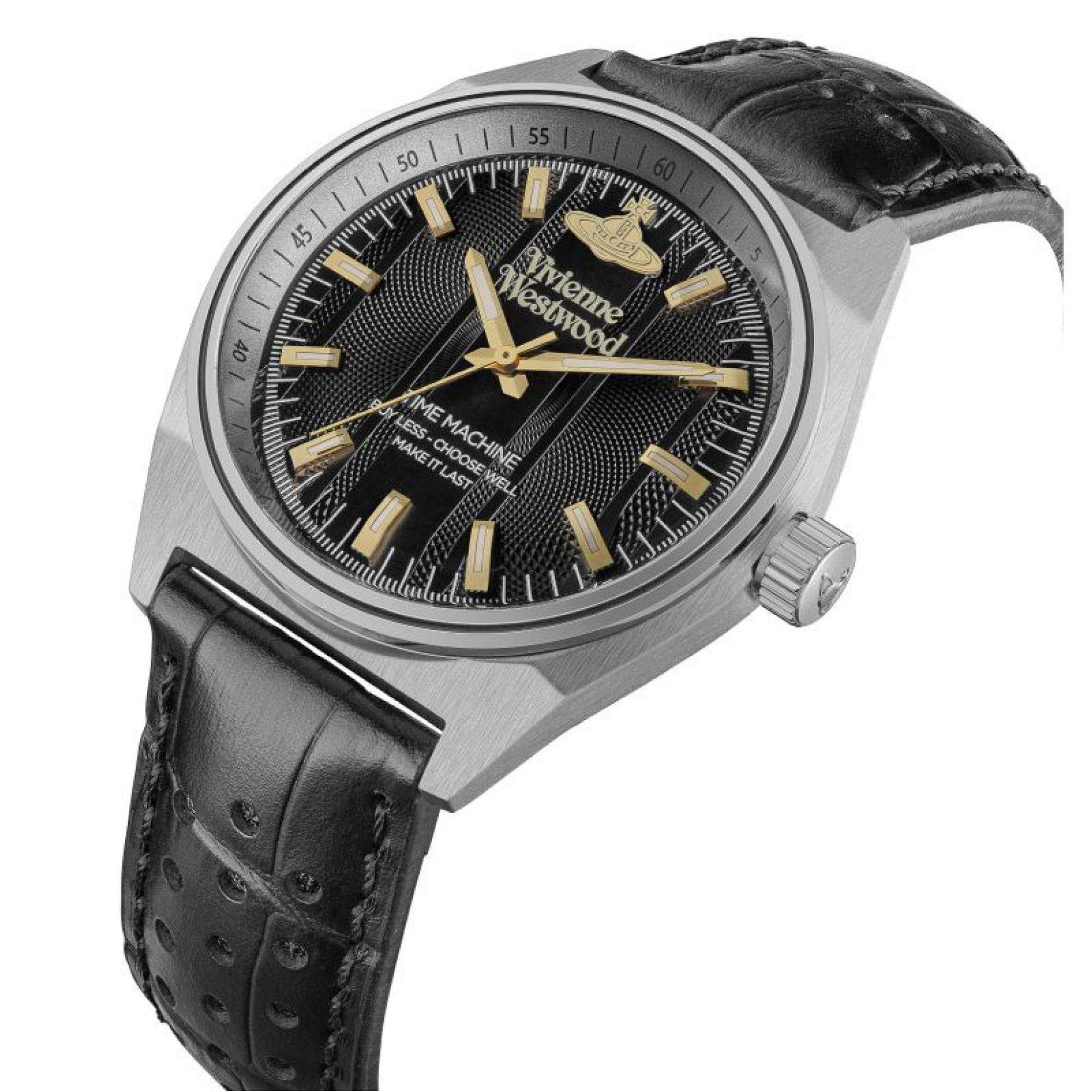 SYDENHAM watch at angle showing black leather strap, silver case, and black dial with gold accents