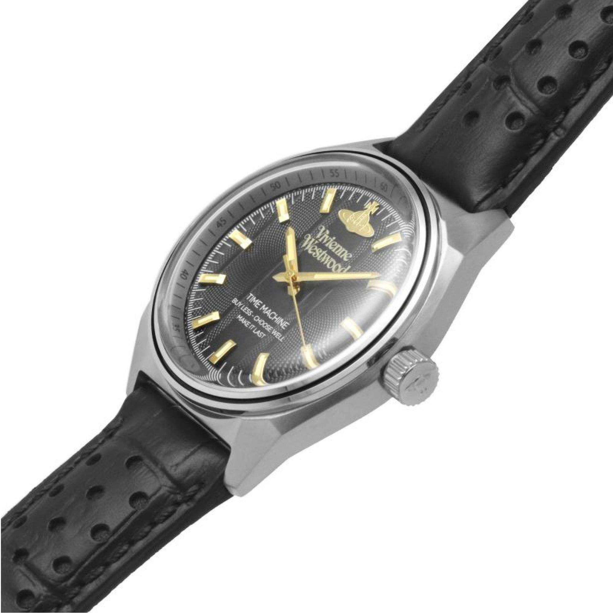 Side view of SYDENHAM watch with silver case, black leather strap, and textured dial