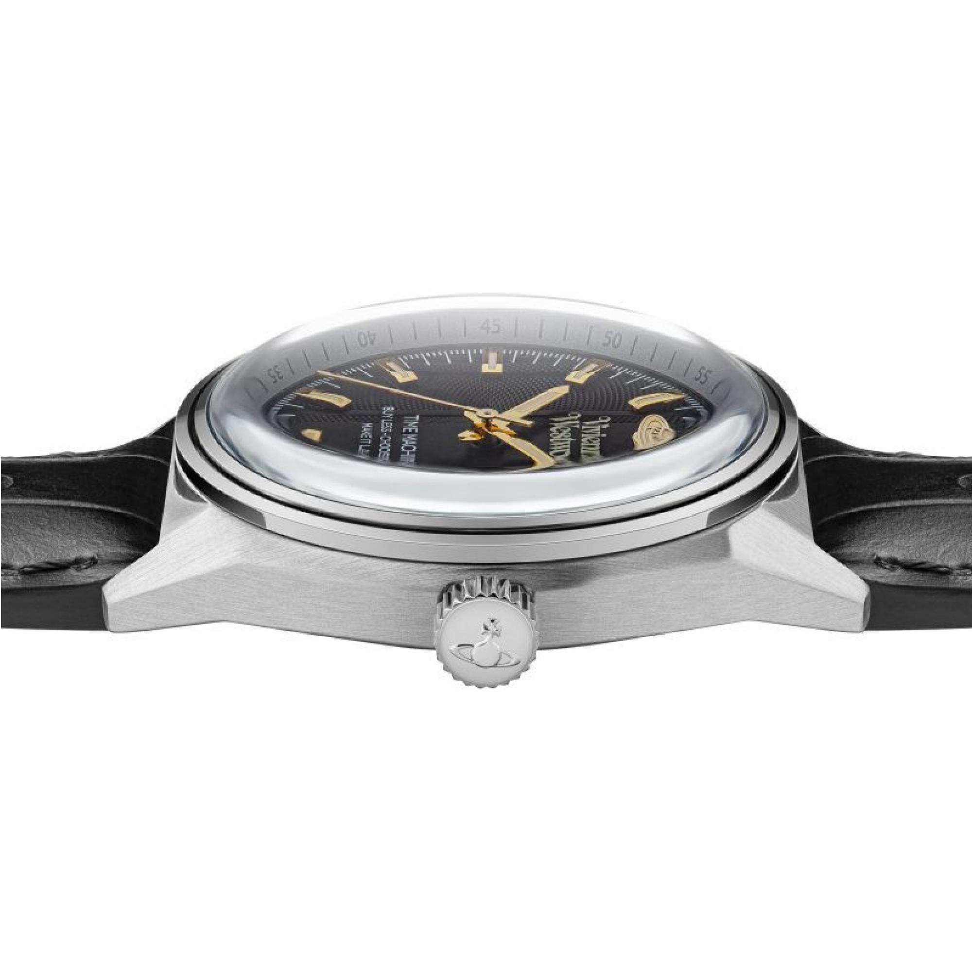 Top view of SYDENHAM watch showing dial, crown, and black leather strap sides