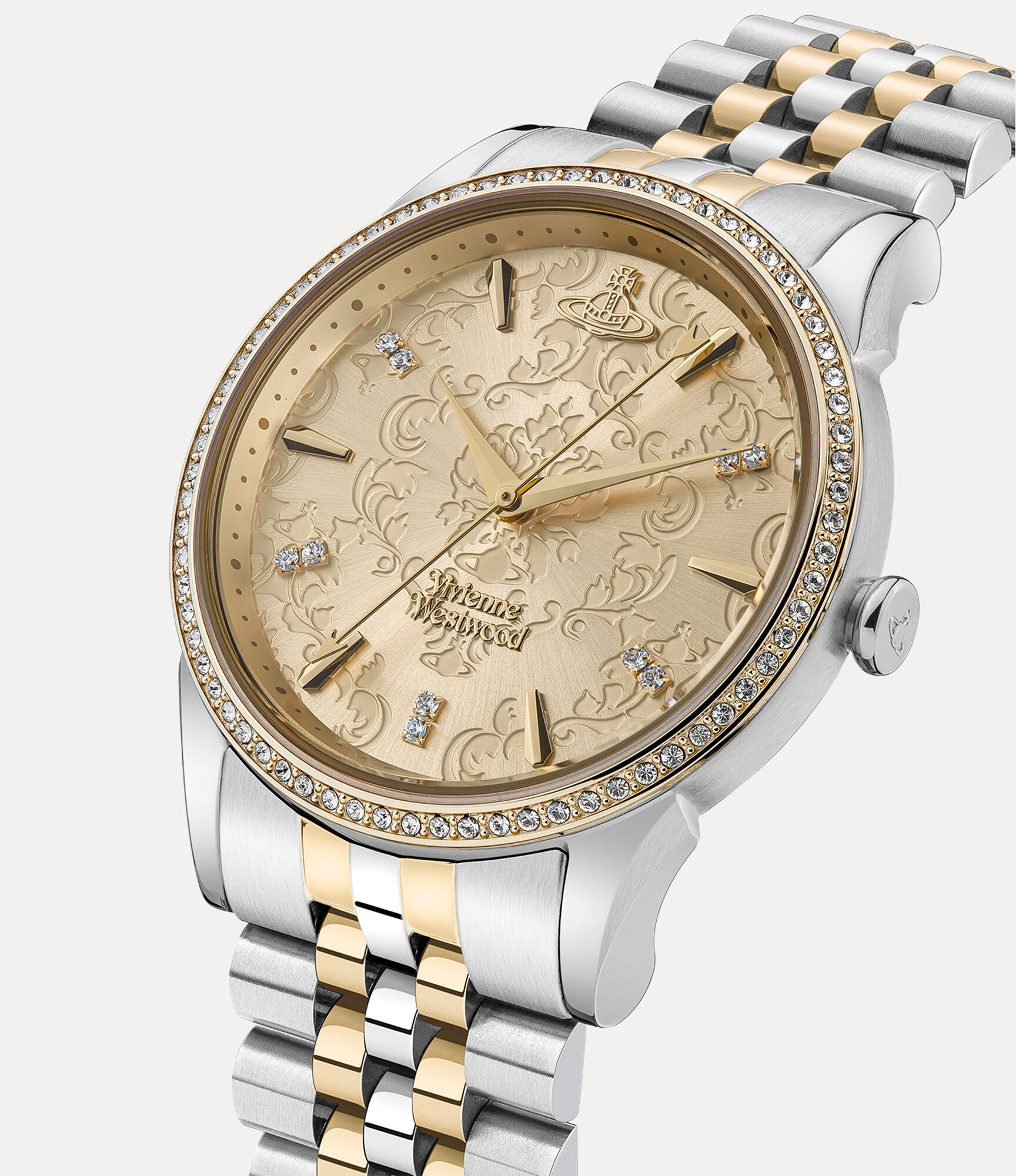 Vivienne Westwood VV208CPSG watch angled view showing two-tone bracelet and crystal bezel