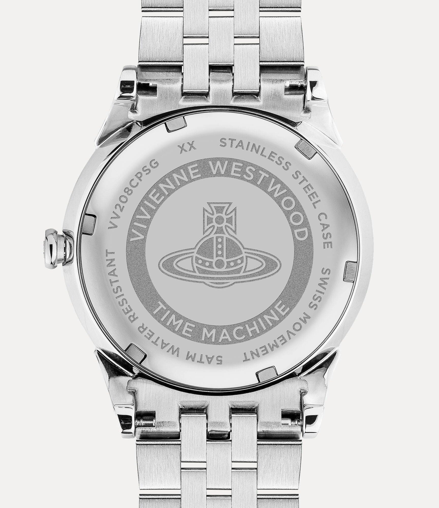 Vivienne Westwood VV208CPSG caseback engraved with brand name and Time Machine logo