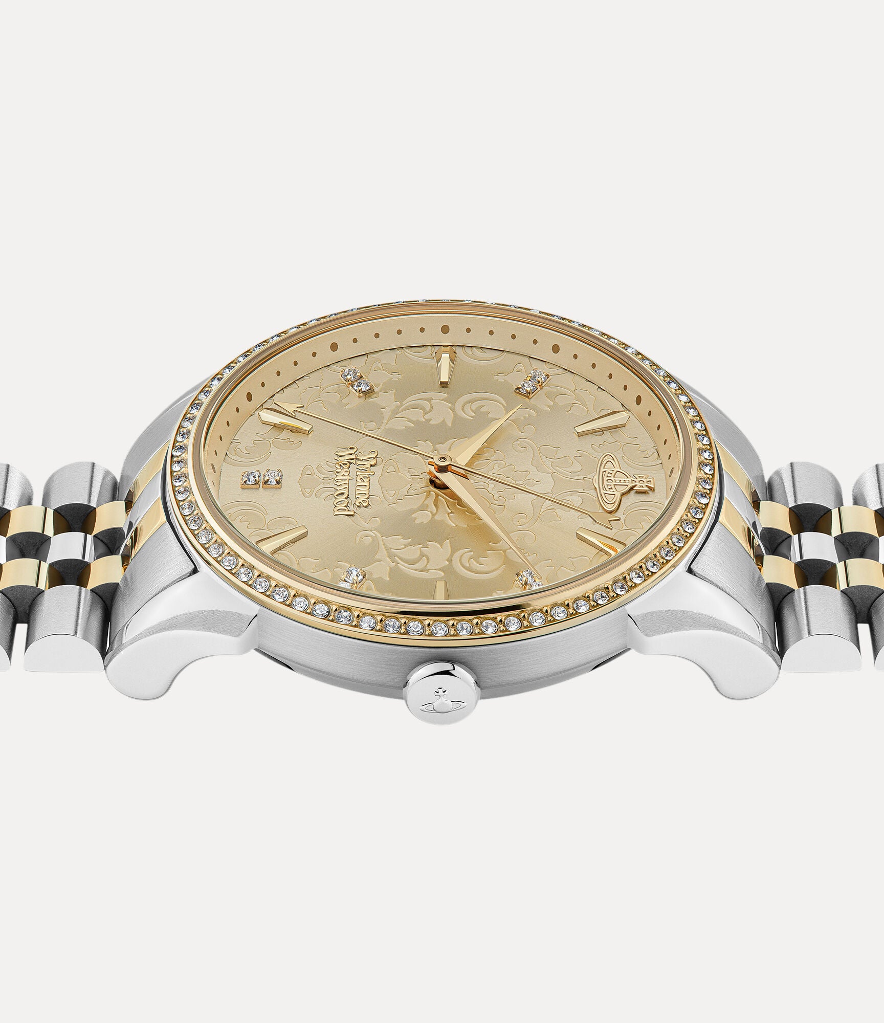 Vivienne Westwood VV208CPSG watch side profile showing case and two-tone bracelet