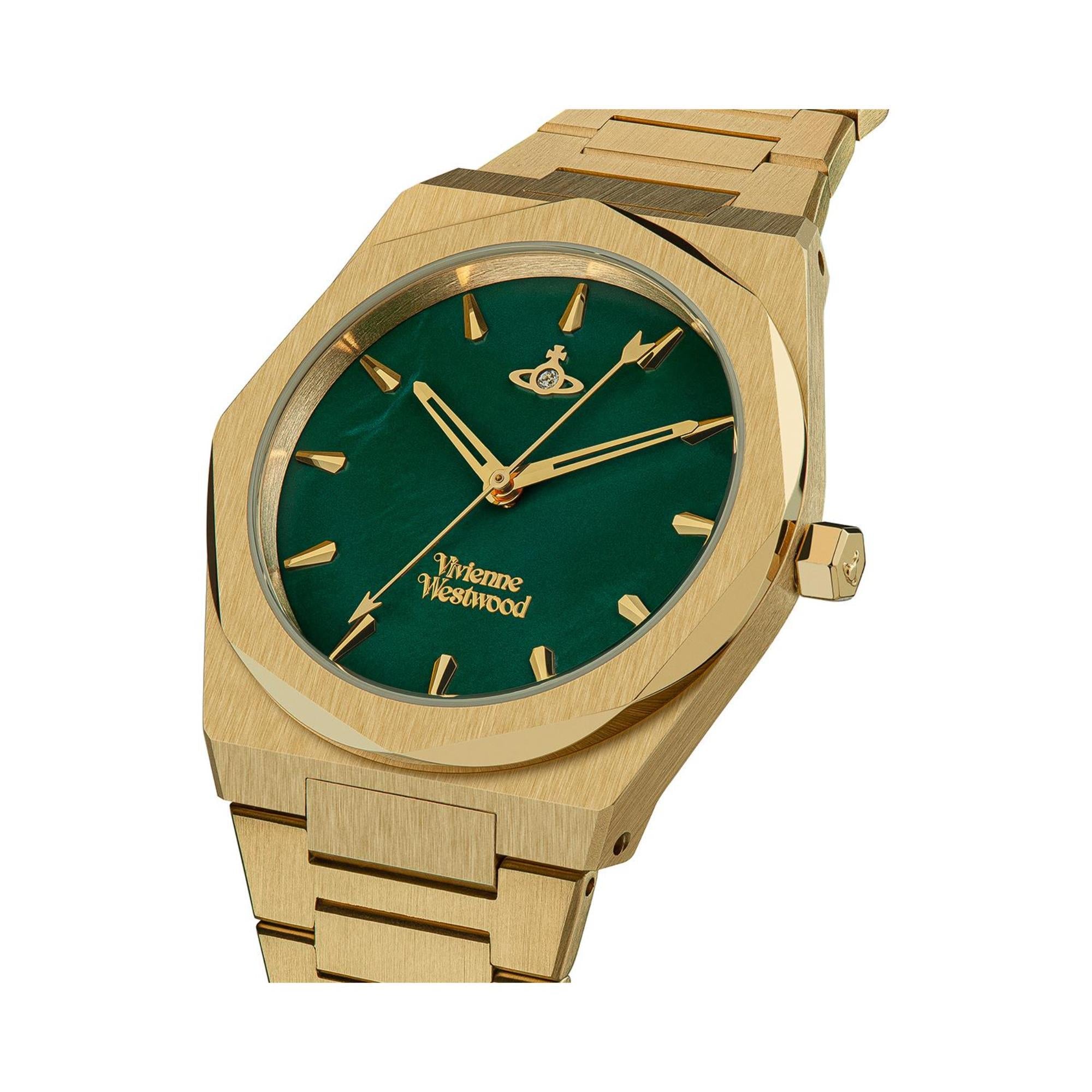 Vivienne Westwood Limehouse gold-plated watch angled view with green dial