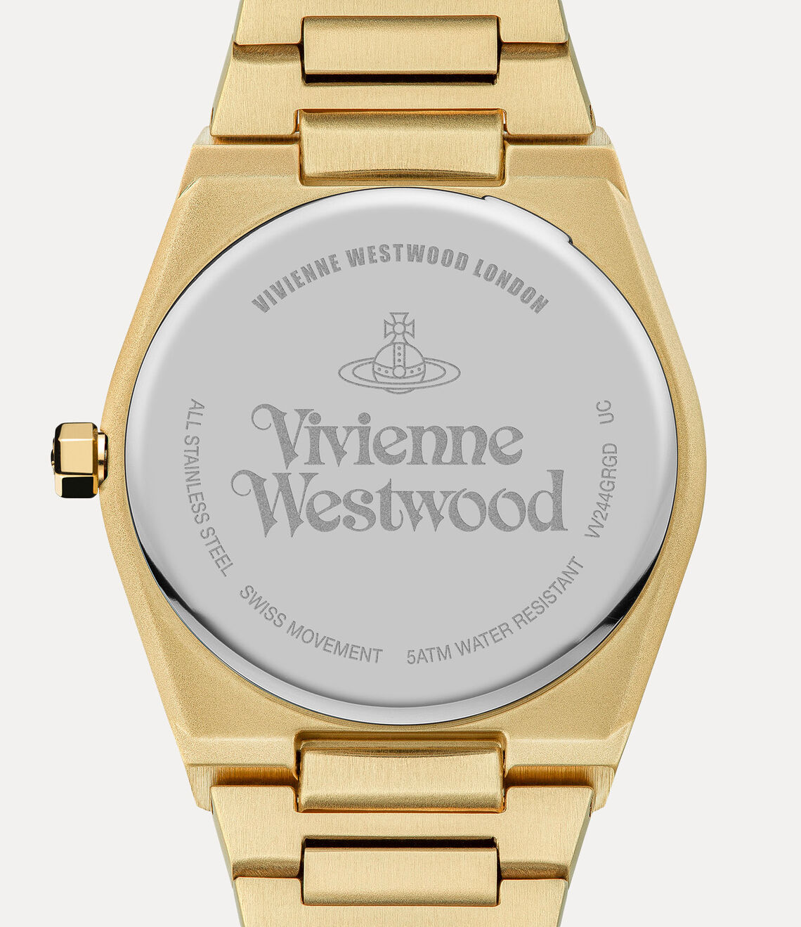Vivienne Westwood Limehouse watch caseback showing Swiss movement and water resistance