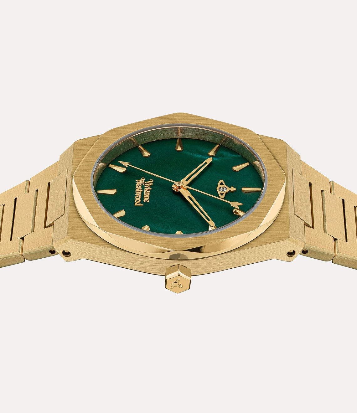 Vivienne Westwood Limehouse green dial detail with gold markers and hands
