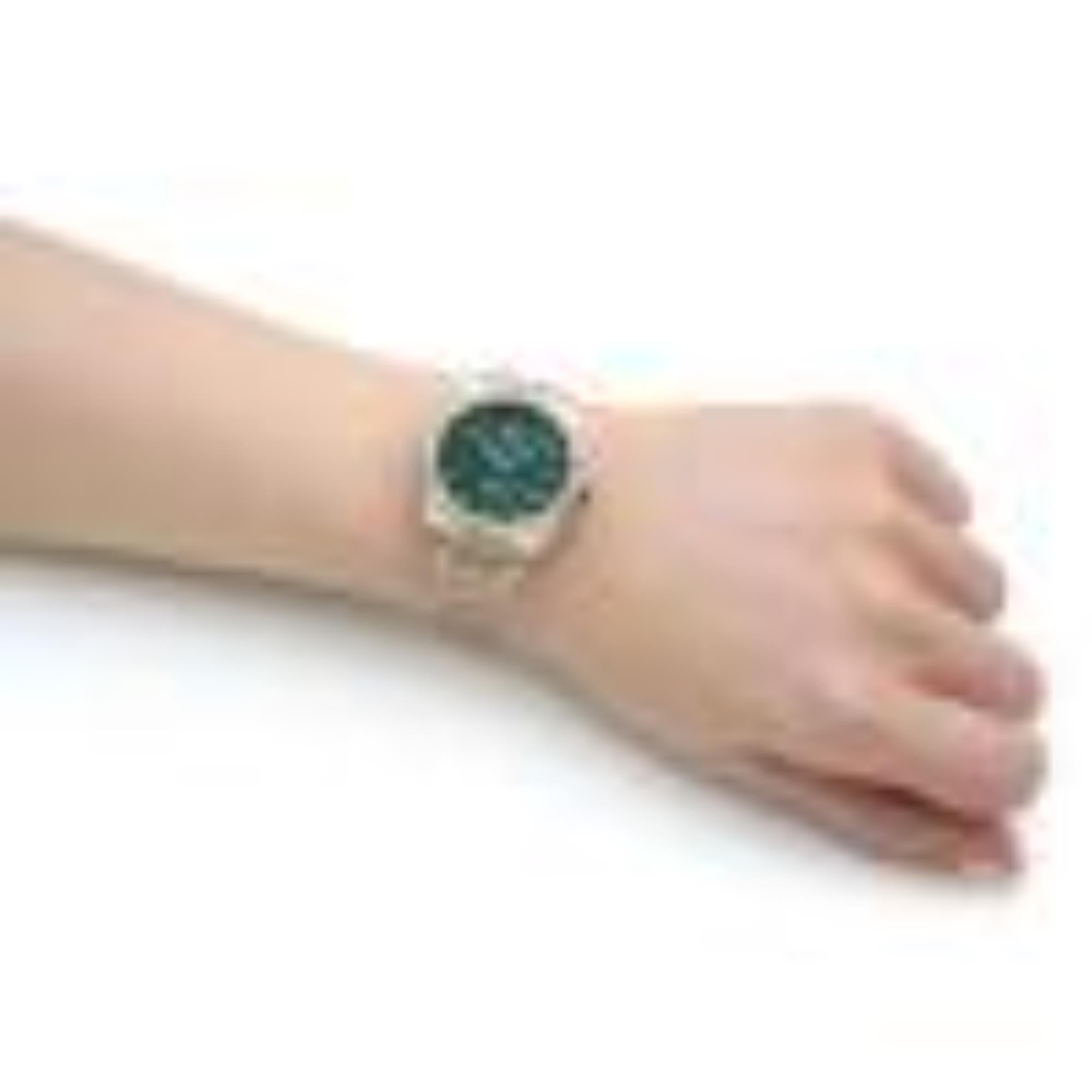 Vivienne Westwood Limehouse green dial watch on wrist detail view