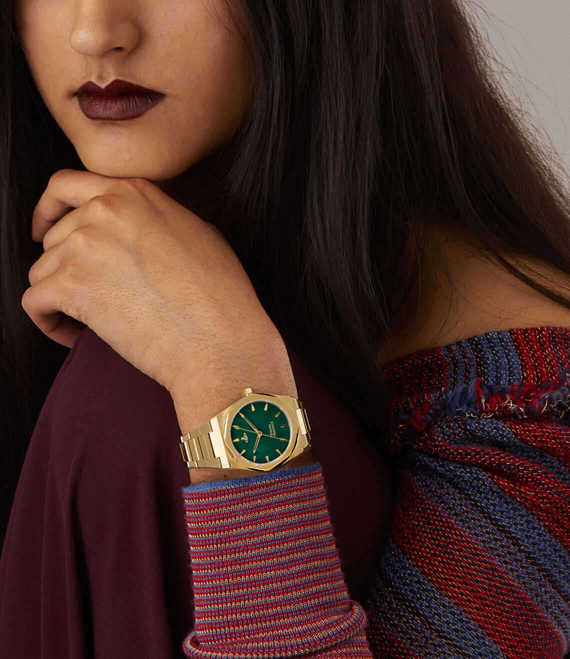 Vivienne Westwood Limehouse women's watch with green dial worn on wrist