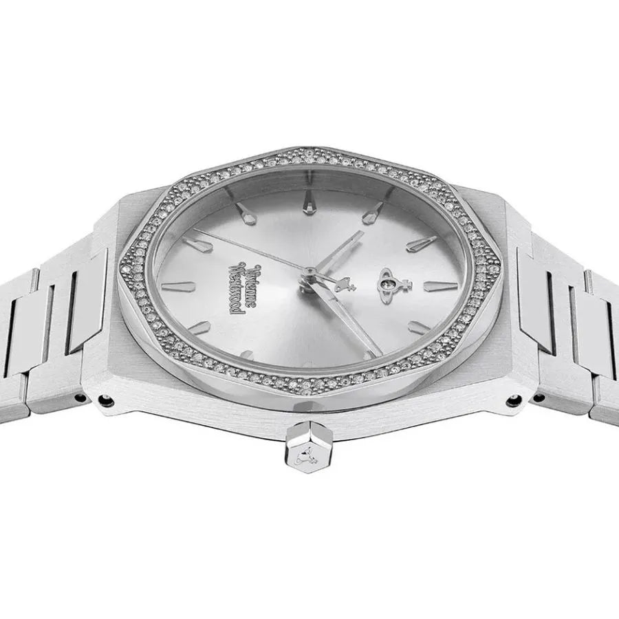 Vivienne Westwood Limehouse VV244SLSL watch at angle showing crystal-set bezel, silver dial, and stainless steel bracelet