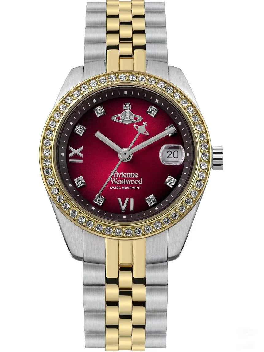 Vivienne Westwood VV316RBSG women's watch with burgundy dial, two-tone bracelet, and crystal bezel