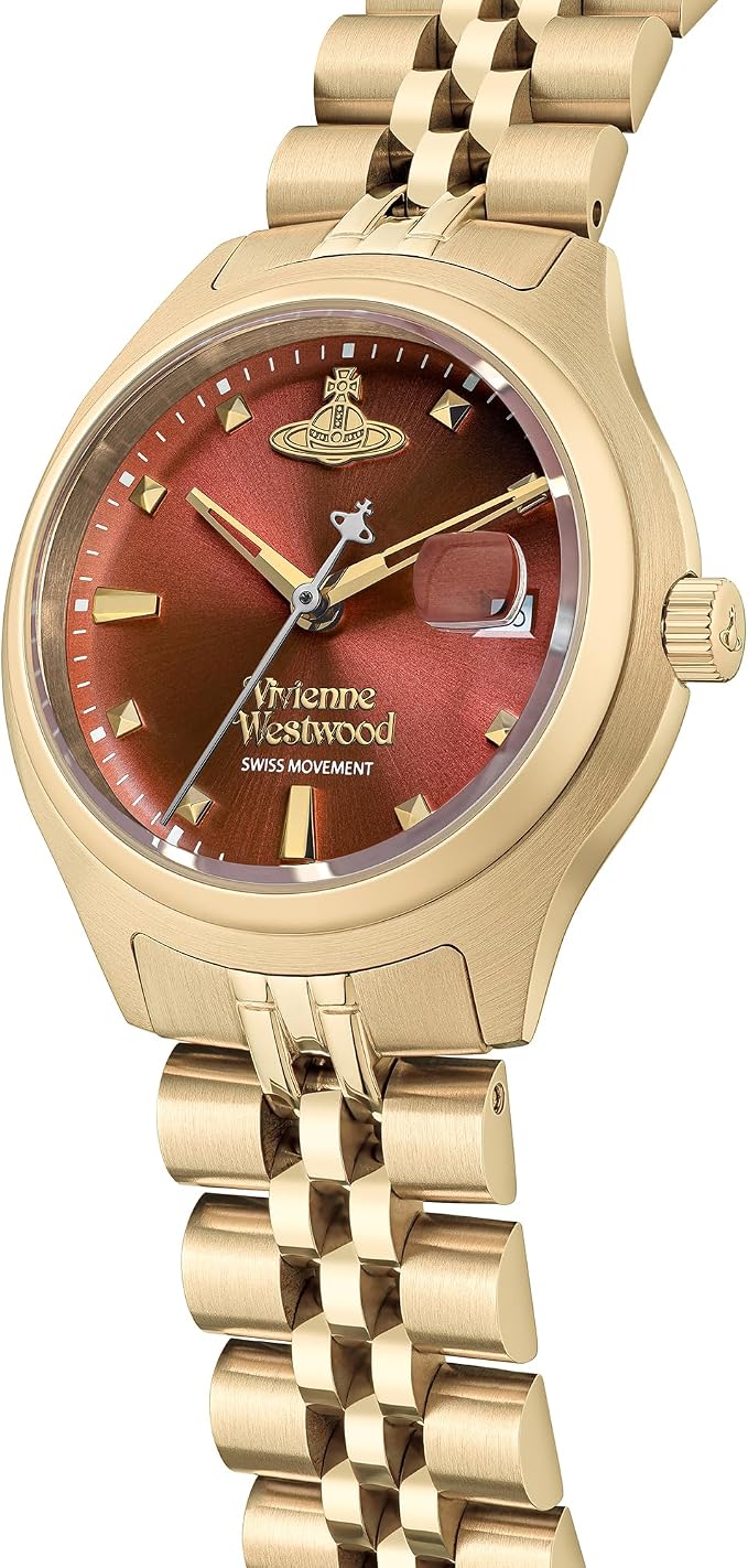 Vivienne Westwood VV317RBSG watch angle view showing two-tone bracelet and red dial