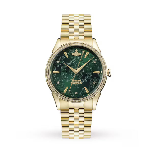 Gold-tone watch with green dial and crystal-set bezel, displayed front view