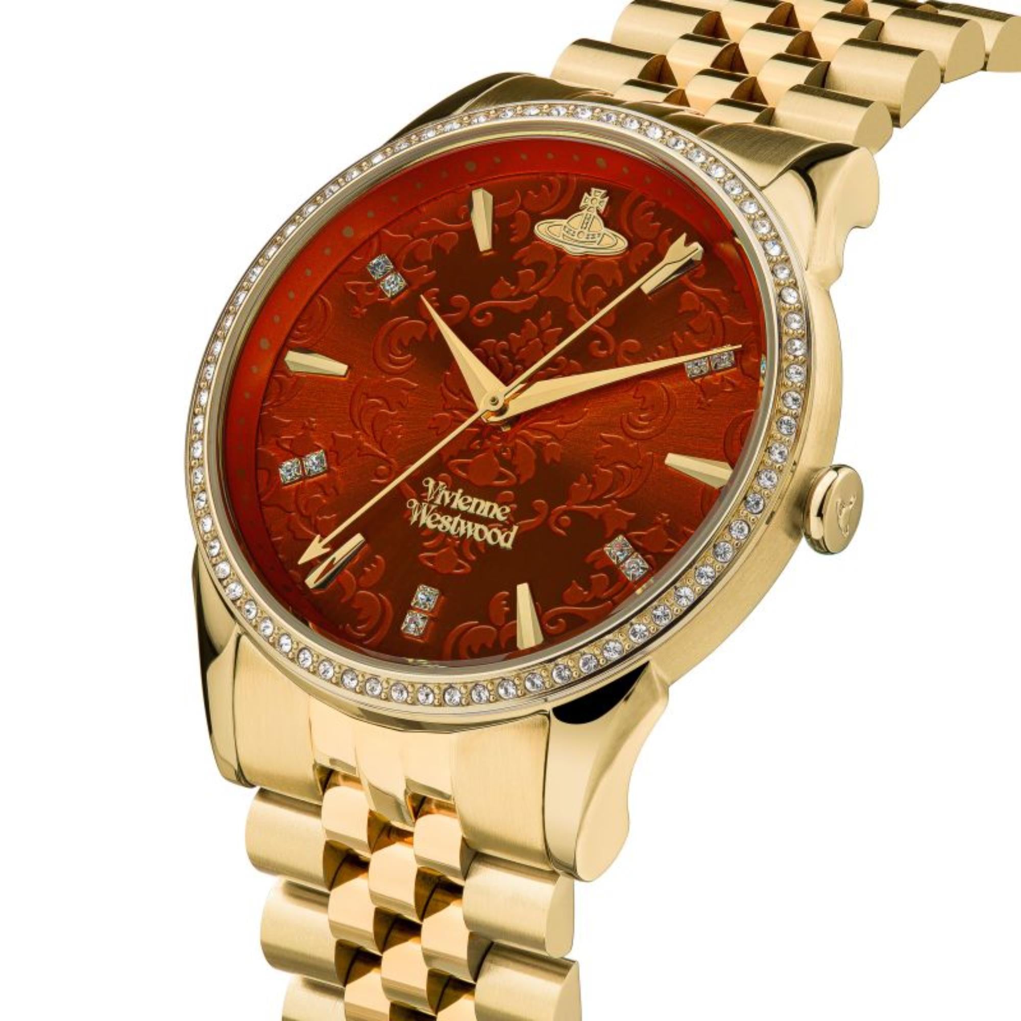 Vivienne Westwood Wallace gold watch side view with red dial and gold bracelet
