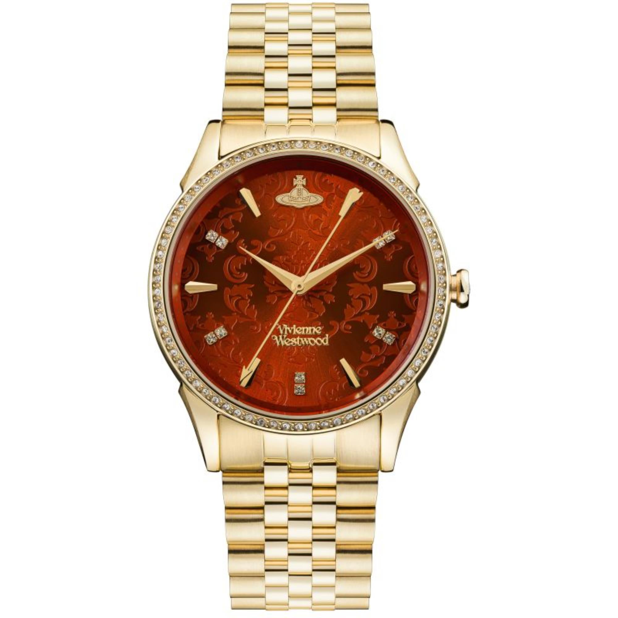 Vivienne Westwood Wallace gold watch with red dial, gold bracelet, and crystal bezel