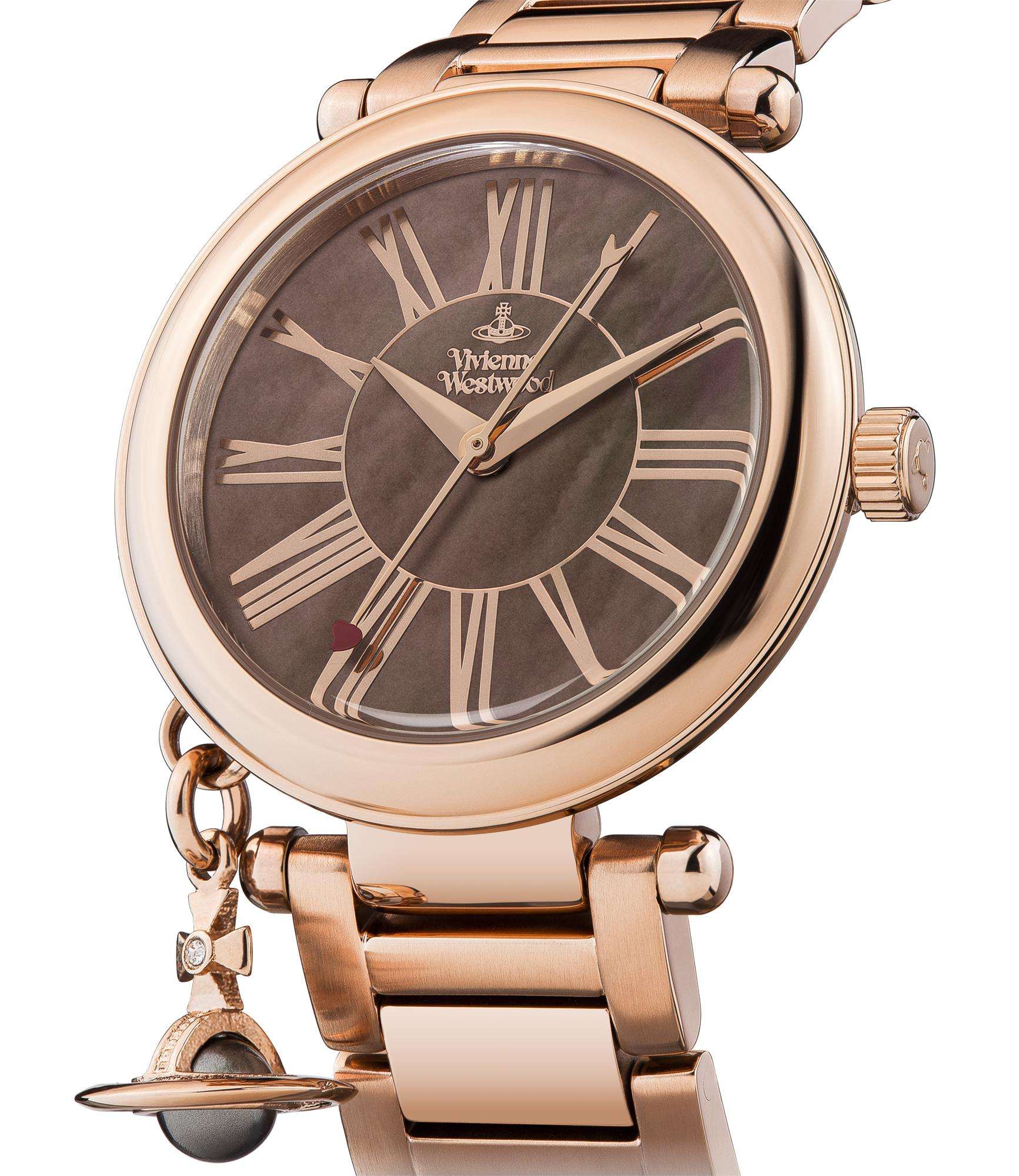 Angled view of Vivienne Westwood Mother Orb brown dial watch with rose gold-tone bracelet and charm