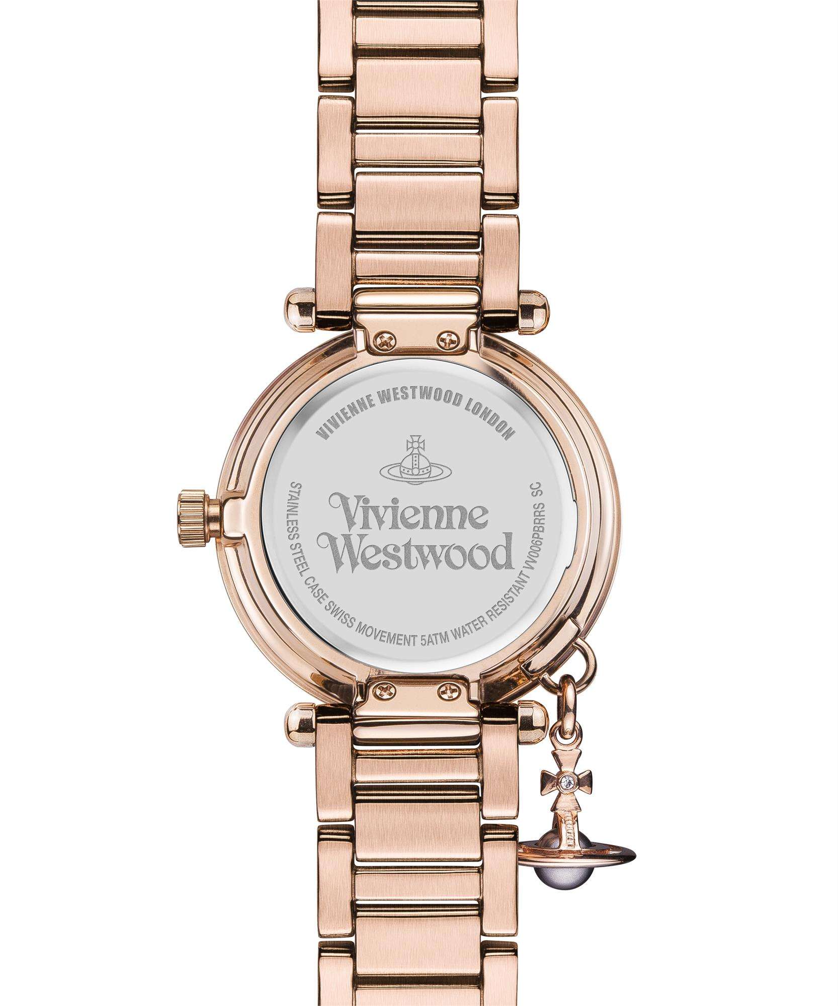 Caseback of Vivienne Westwood Mother Orb watch displaying brand name and specifications