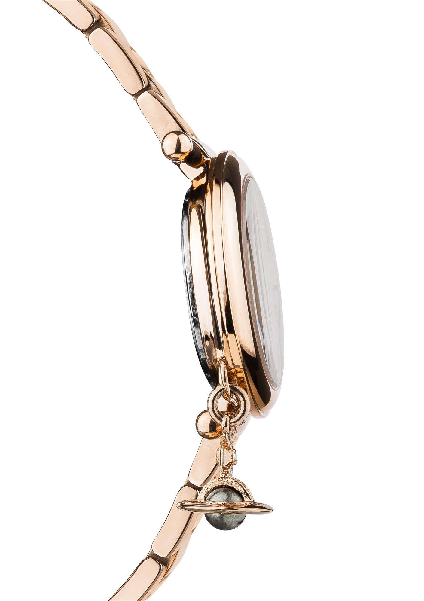 Side profile of Vivienne Westwood Mother Orb watch showing case depth and hanging Orb charm