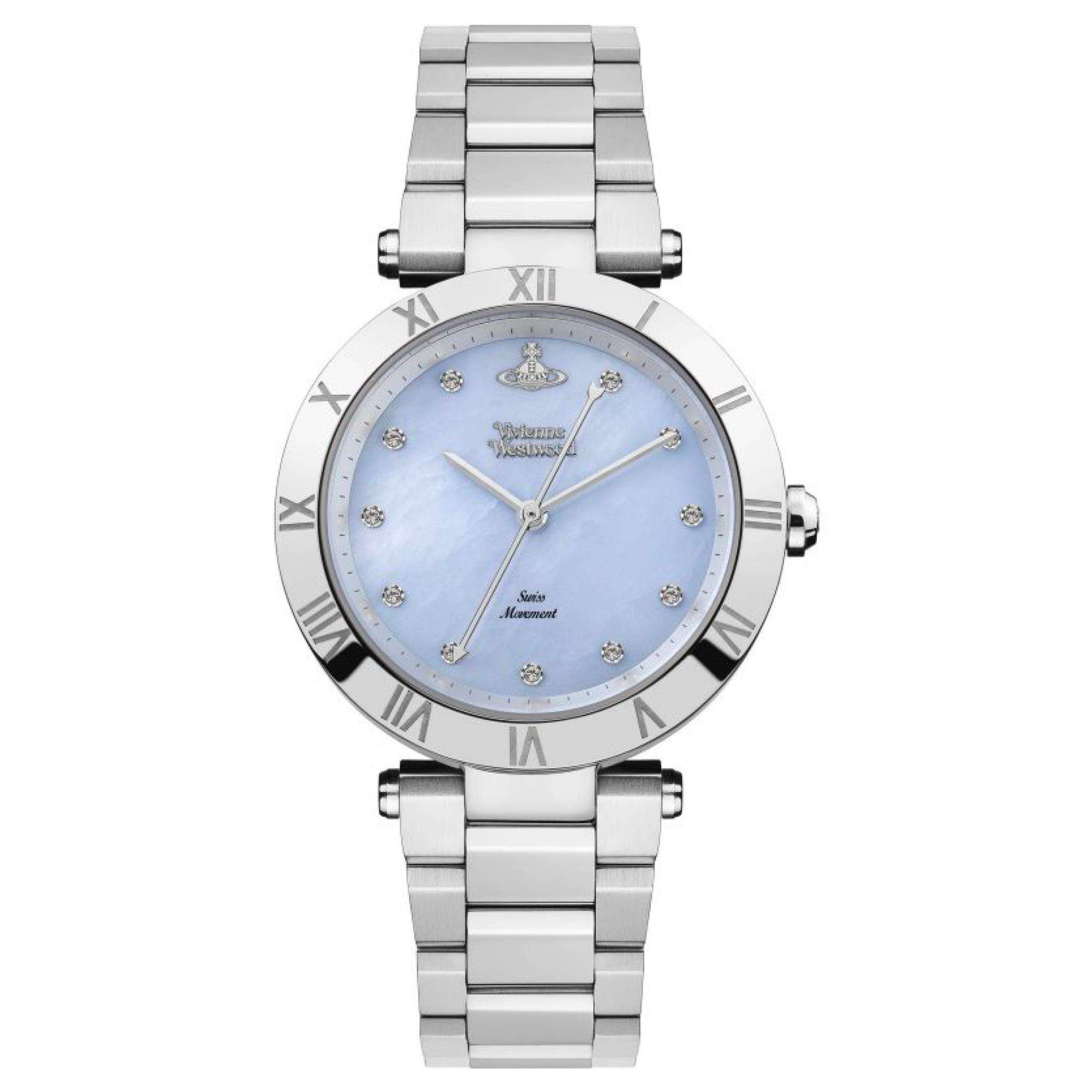 Vivienne Westwood Montagu women's watch with light blue dial and silver bracelet strap